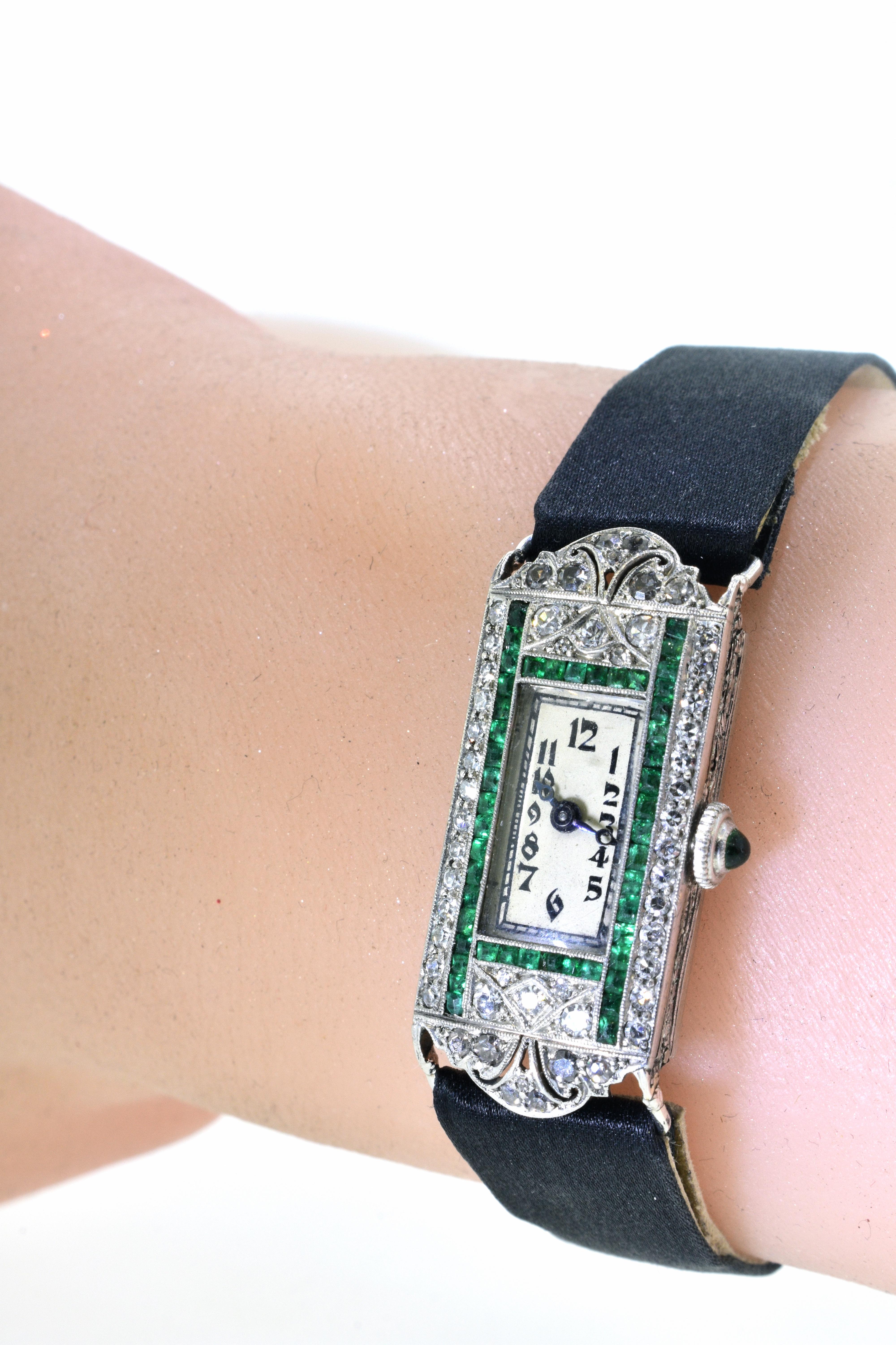 Art Deco Platinum, Diamond and Emerald Wristwatch, circa 1920 1