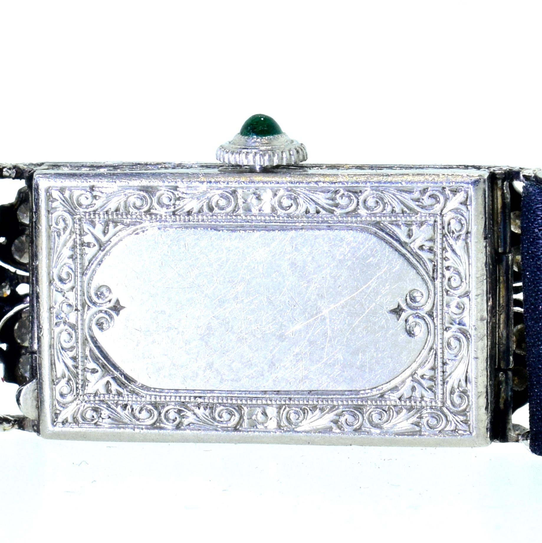 Art Deco Platinum, Diamond and Emerald Wristwatch, circa 1920 2