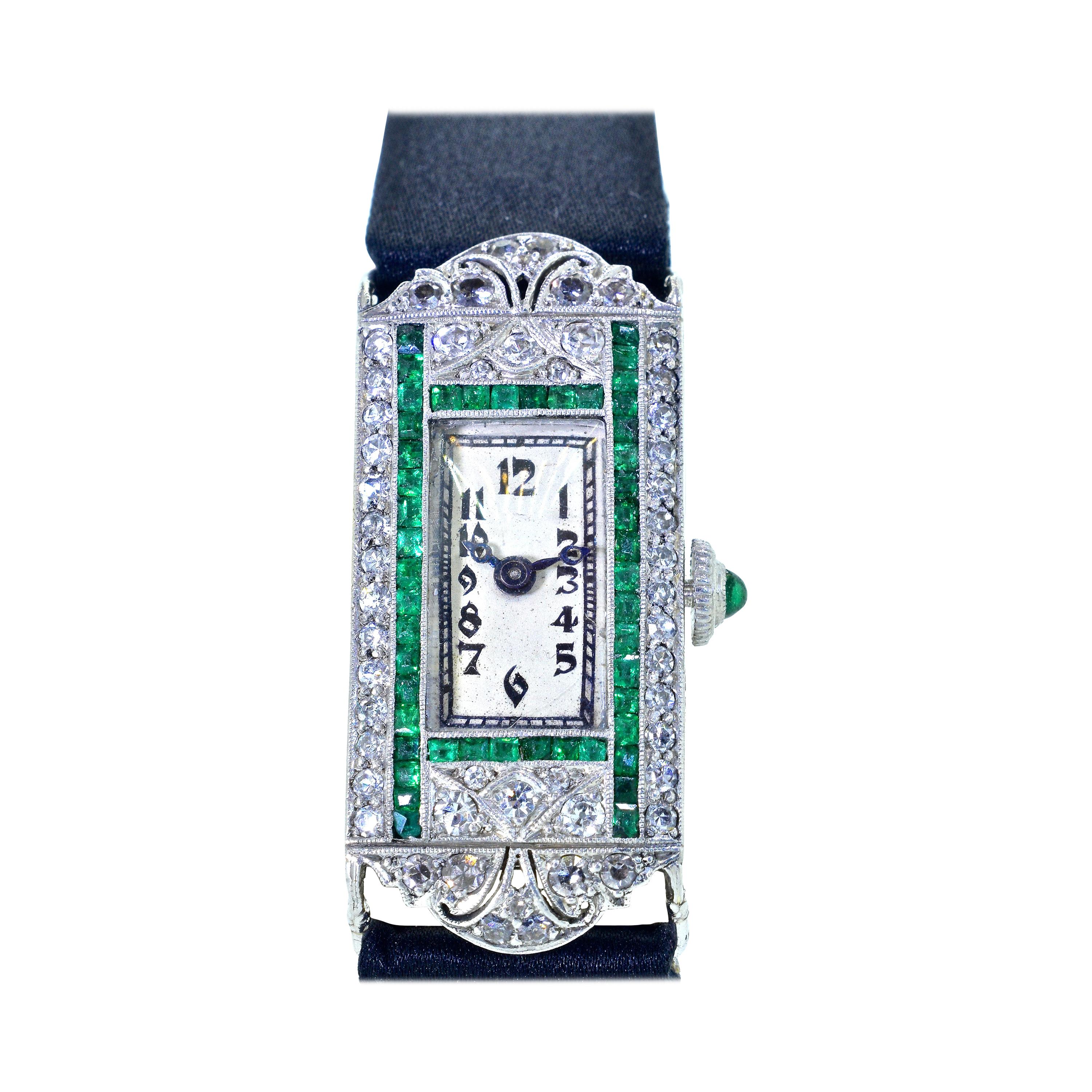 Art Deco Platinum, Diamond and Emerald Wristwatch, circa 1920