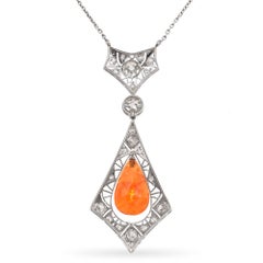 Art Deco Platinum Diamond and Fire Opal Teardrop Necklace