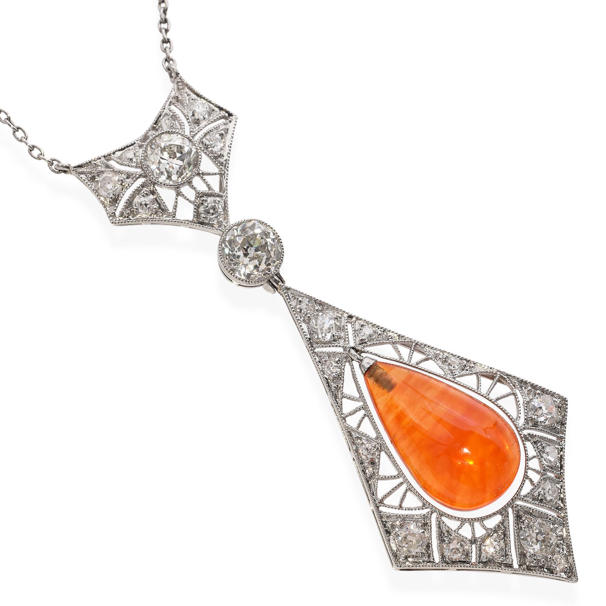 Cabochon Art Deco Platinum Diamond and Fire Opal Teardrop Necklace For Sale
