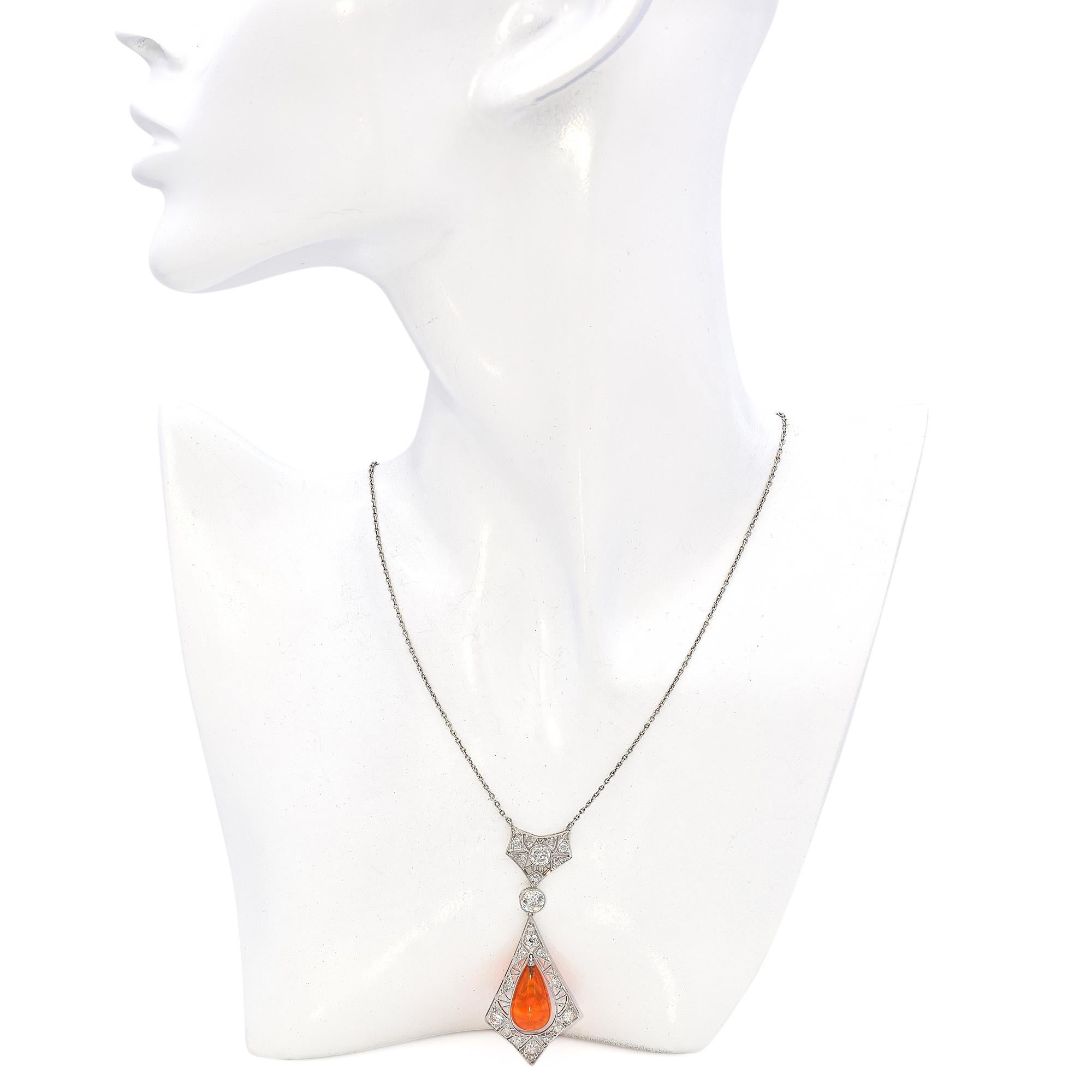 Art Deco Platinum Diamond and Fire Opal Teardrop Necklace In Good Condition For Sale In New York, NY