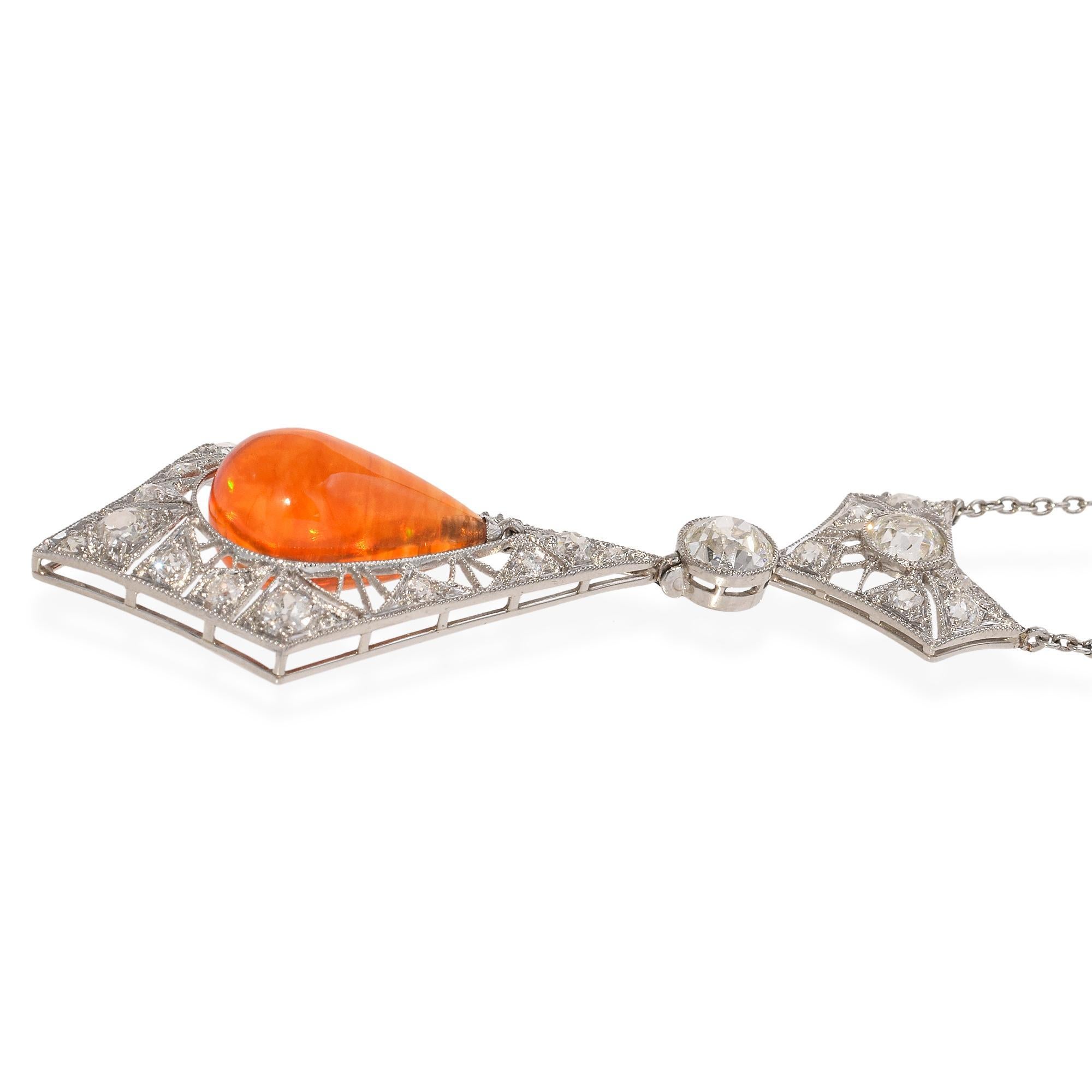 Women's Art Deco Platinum Diamond and Fire Opal Teardrop Necklace For Sale