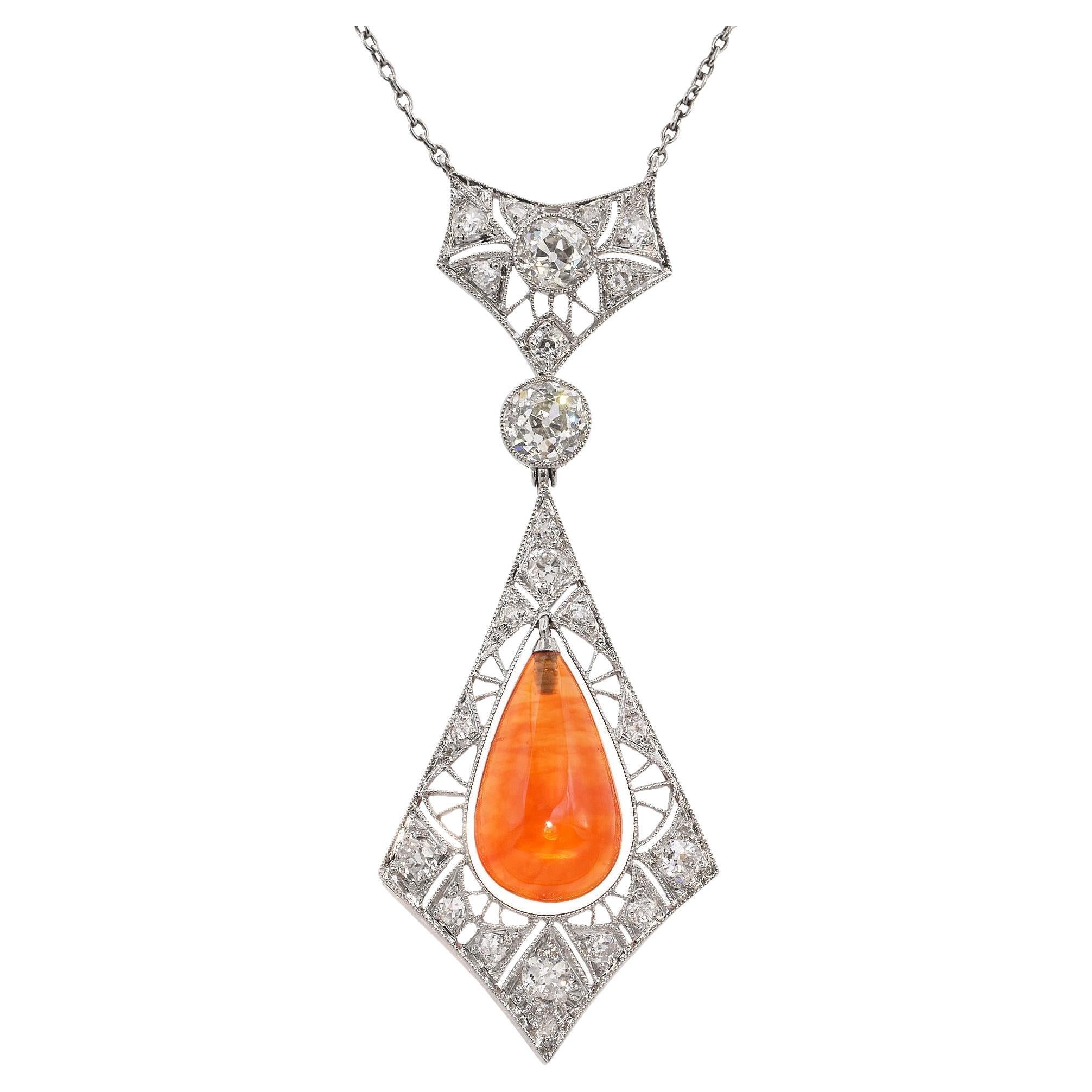 Collar Lágrima Art Decó Platino Diamante y Ópalo de Fuego