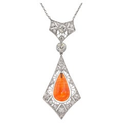 Art Deco Platinum Diamond and Fire Opal Teardrop Necklace