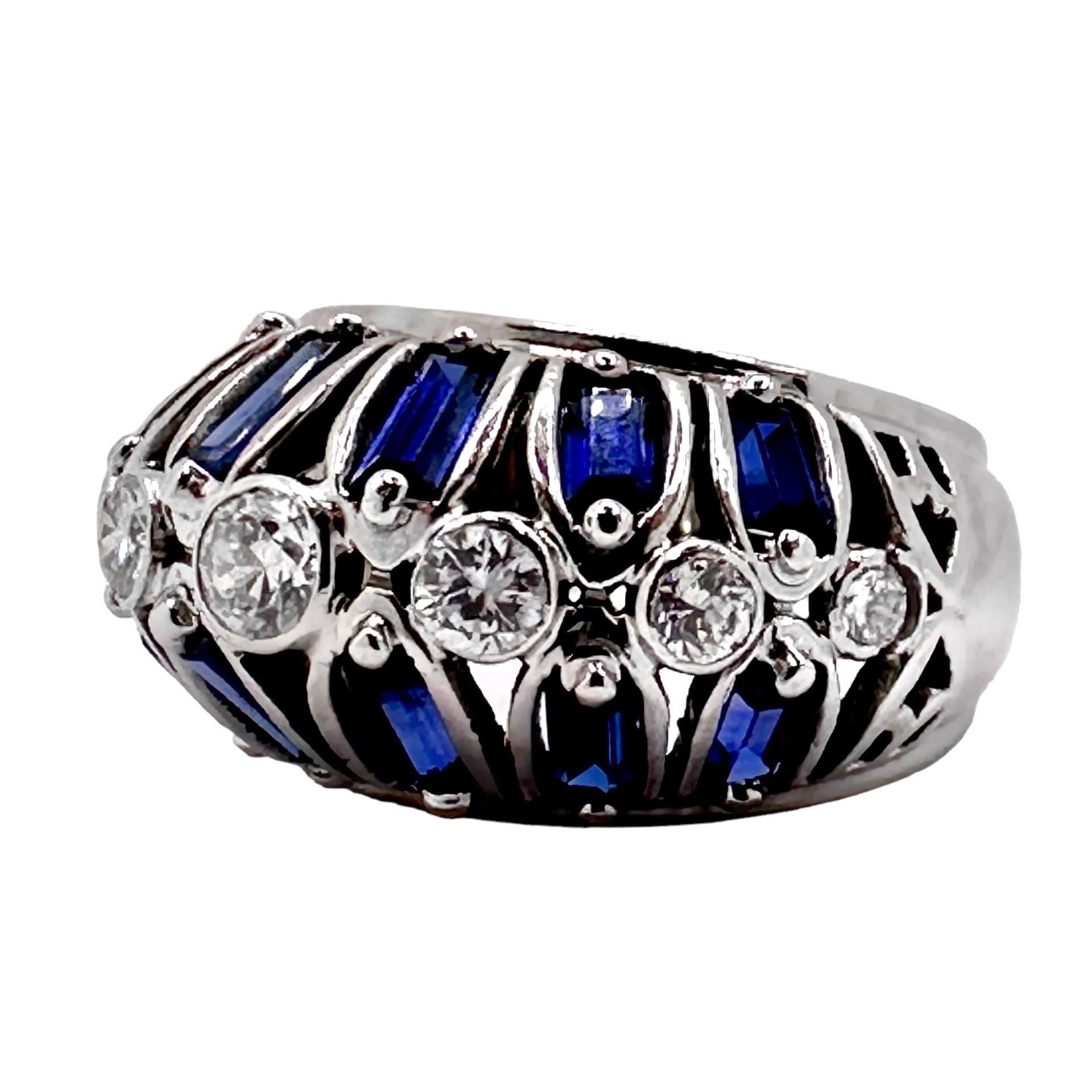 Art-Deco Platinum, Diamond and Natural Blue Sapphire Cocktail Ring For Sale 1