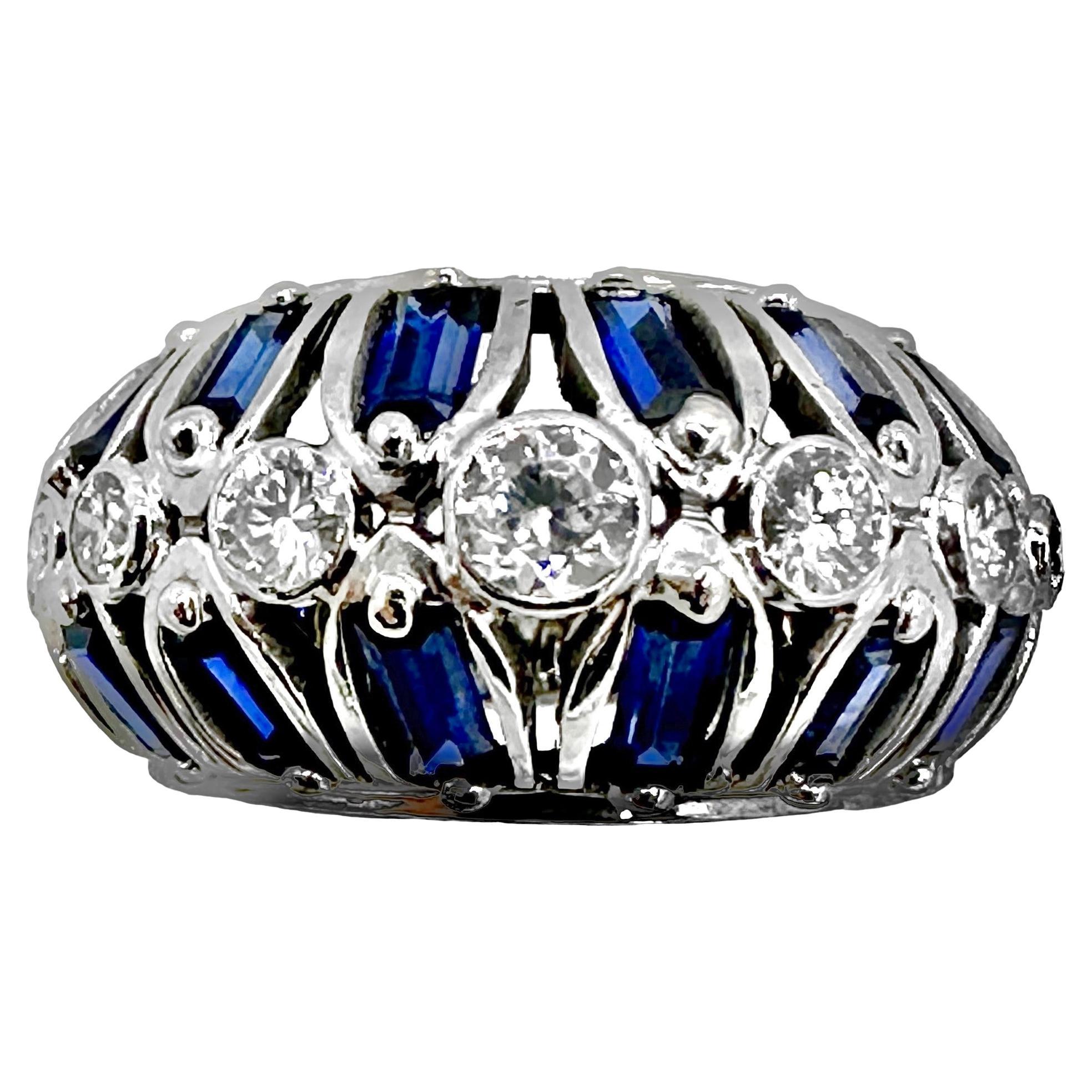 Art-Deco Platinum, Diamond and Natural Blue Sapphire Cocktail Ring