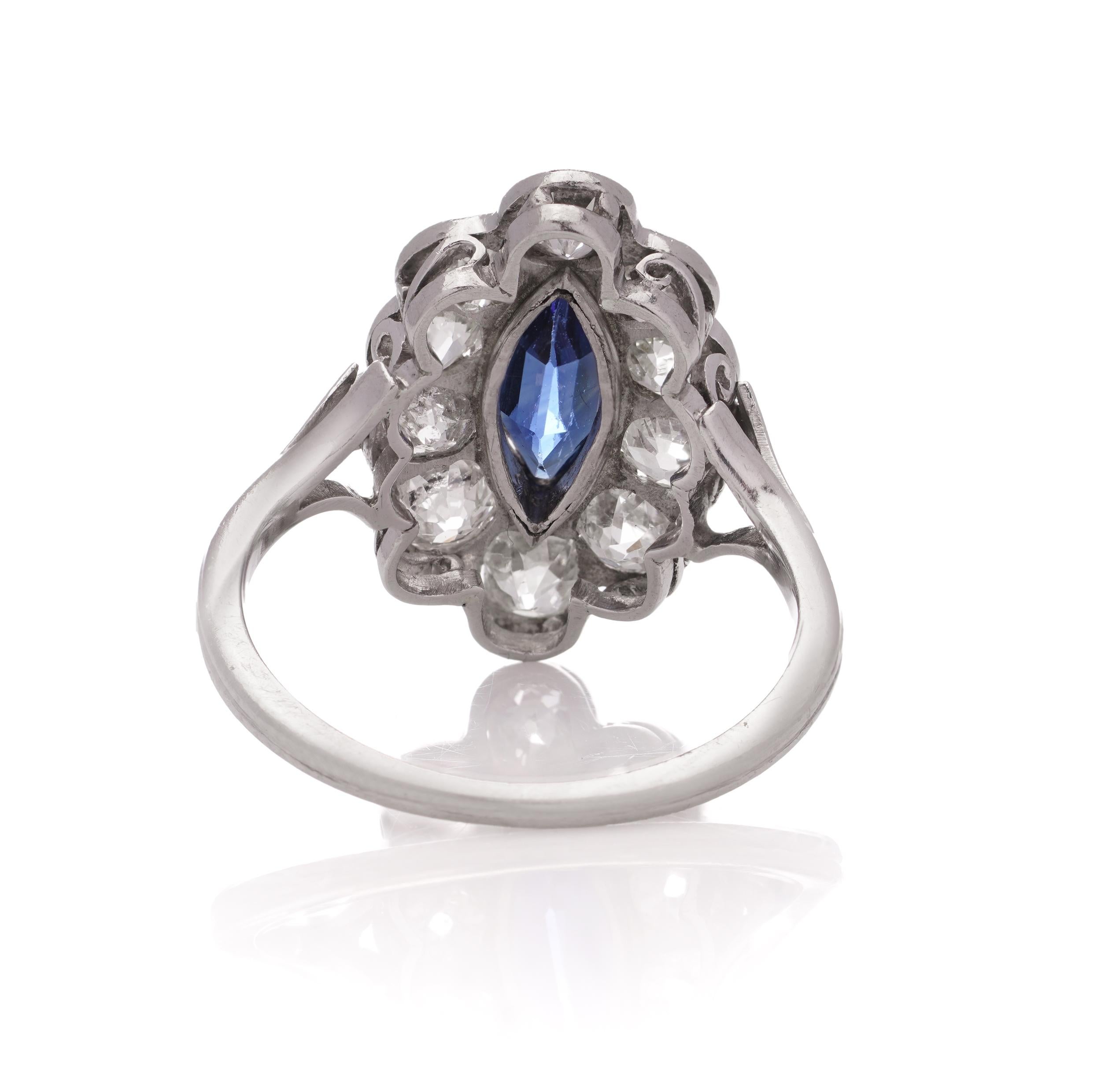 Art Deco Platinum Old - European cut 2.00 carat of Diamond and 1.00 carat of Natural Ceylon Sapphire cluster ladies ring.
Made in Europe, Circa 1920's
Hallmarked for platinum.

Dimensions -
Finger Size (UK) = M (US) = 6.5 (EU) = 54
Weight: 5.00