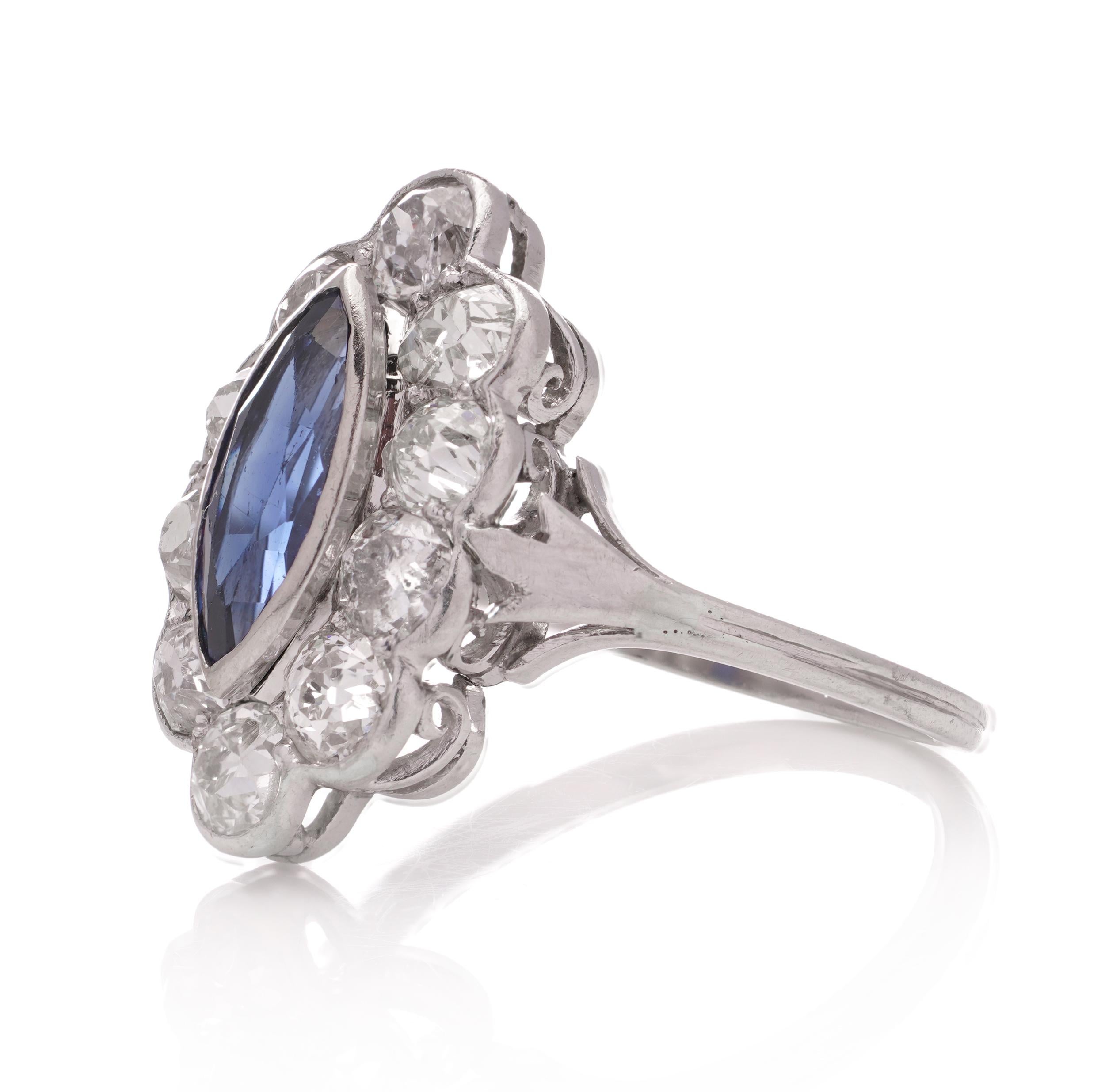 Old European Cut Art Deco Platinum Diamond and Natural Ceylon Sapphire cluster ring For Sale