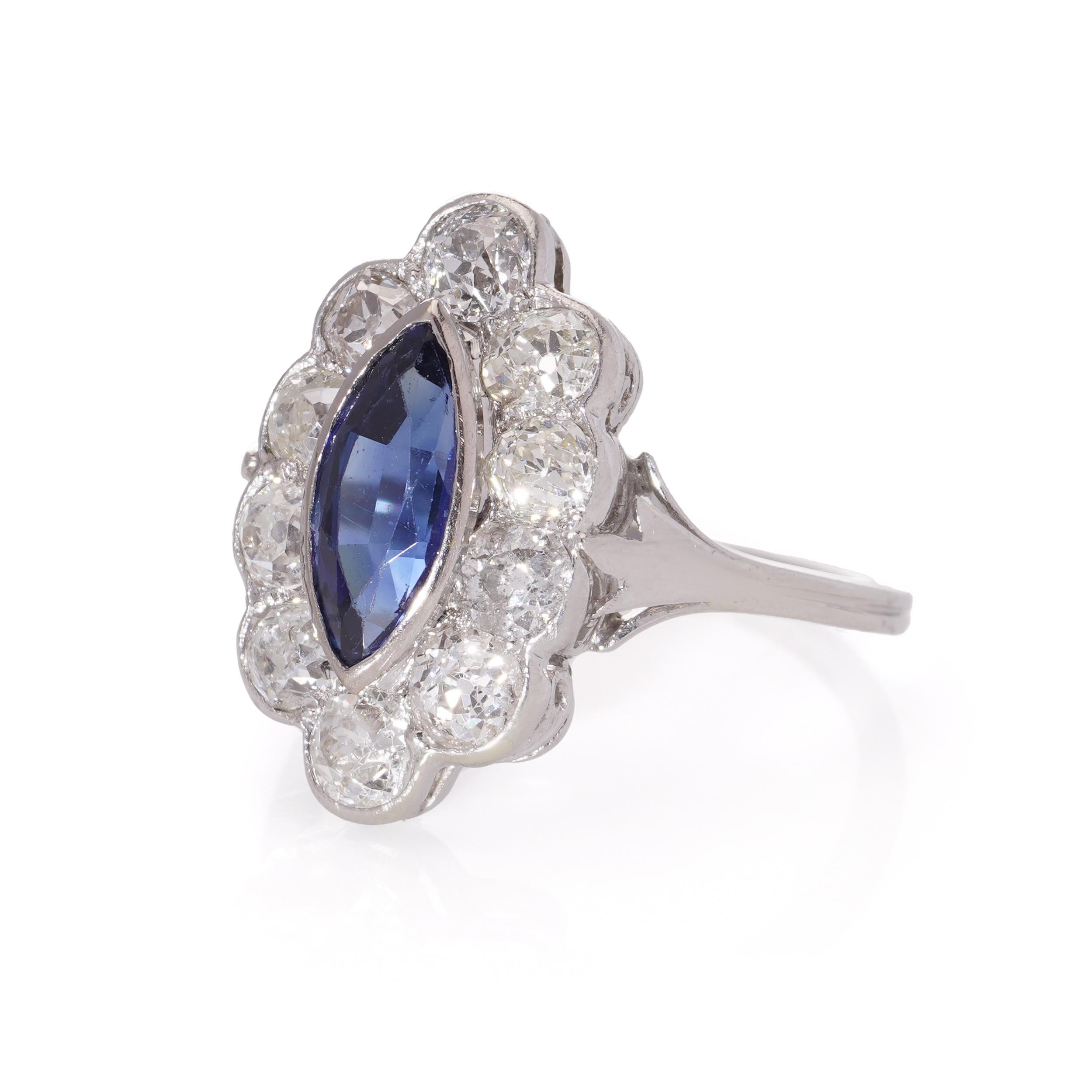 Art Deco Platinum Diamond and Natural Ceylon Sapphire cluster ring For Sale 4