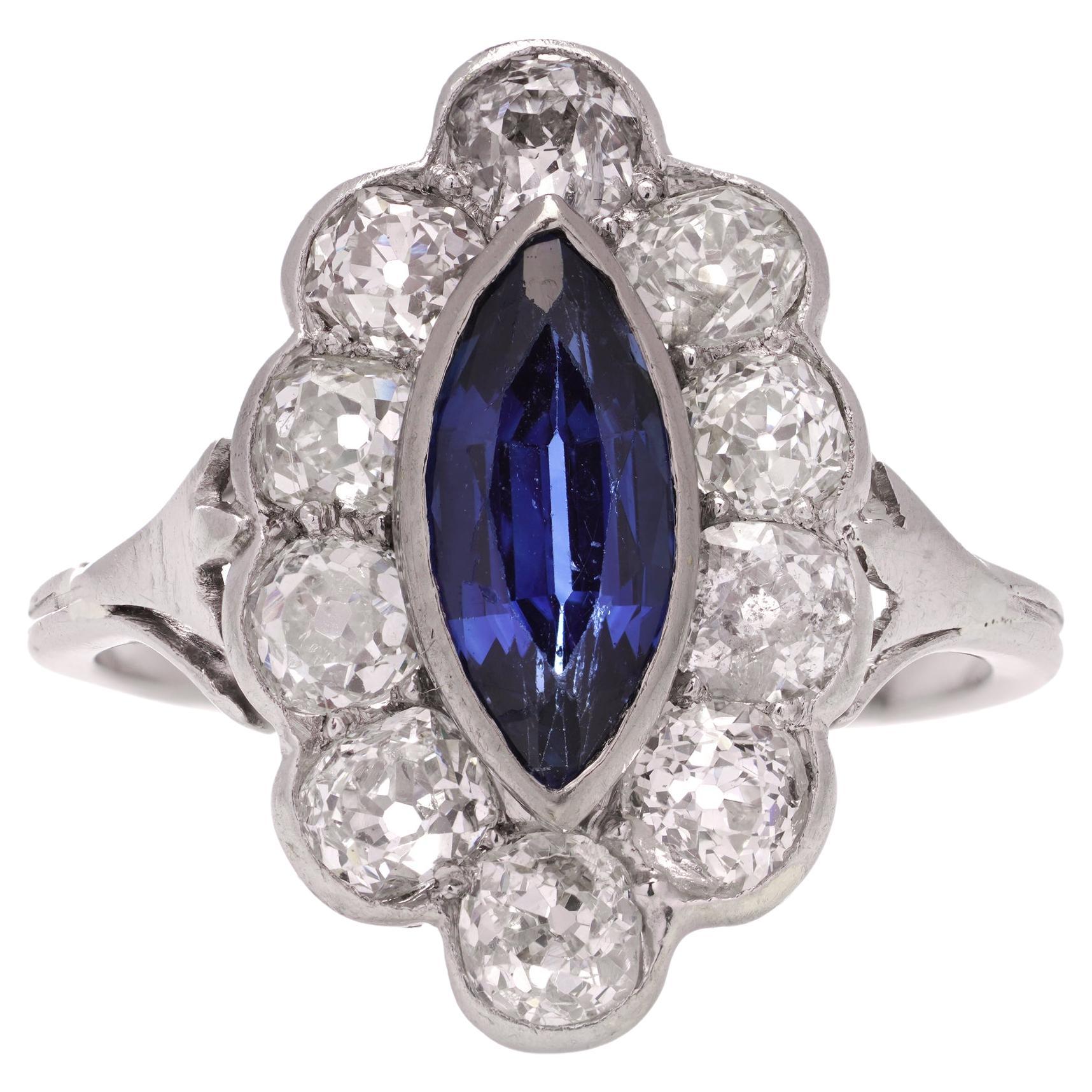 Art Deco Platinum Diamond and Natural Ceylon Sapphire cluster ring