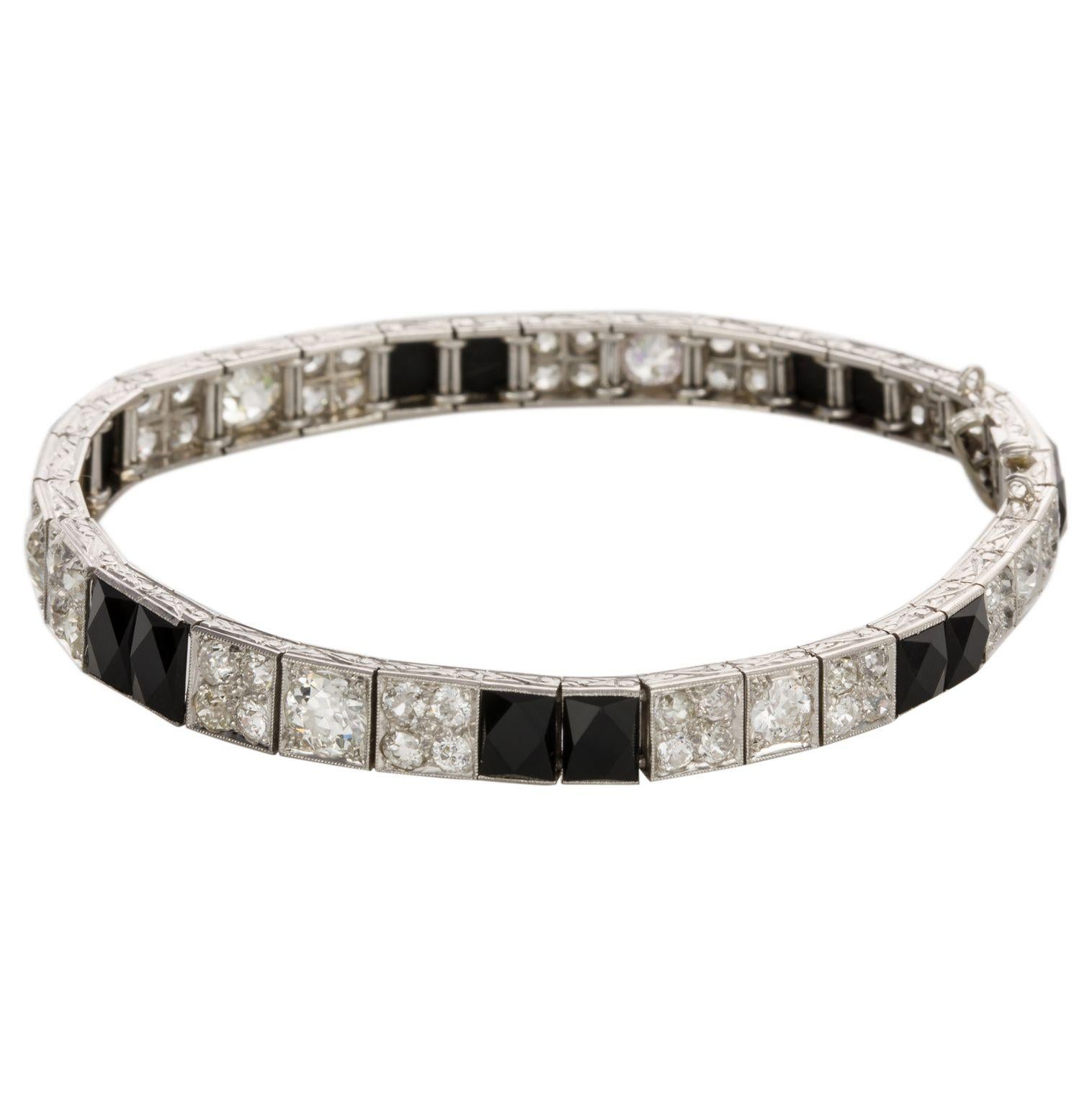 Art Deco Platinum Diamond and Onyx Engraved Line Bracelet For Sale 13
