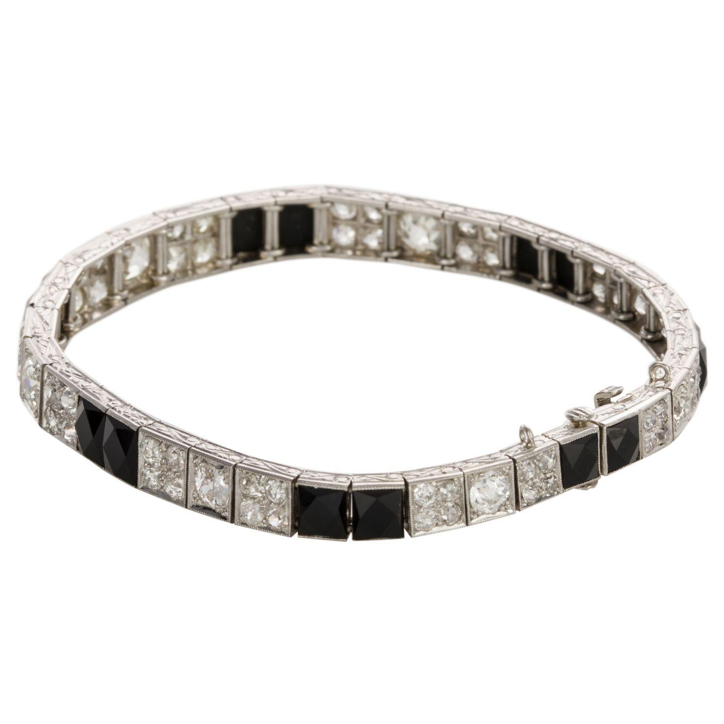 Art Deco Platinum Diamond and Onyx Engraved Line Bracelet For Sale 14