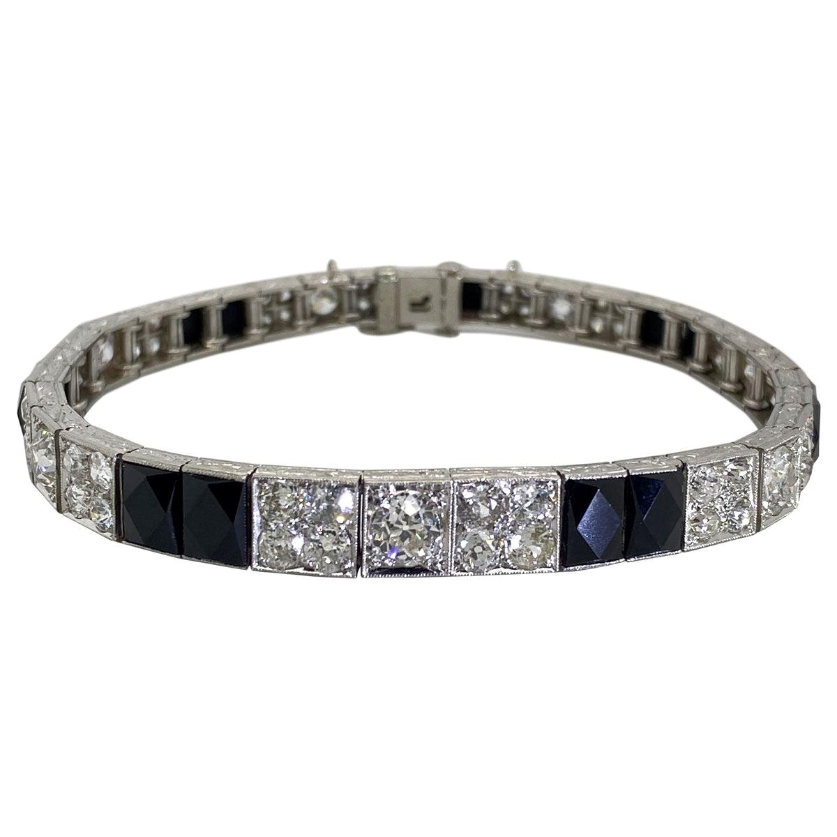 Art Deco Platinum Diamond and Onyx Engraved Line Bracelet