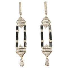 Art Deco Platinum Diamond and Onyx Long Dangle Earrings