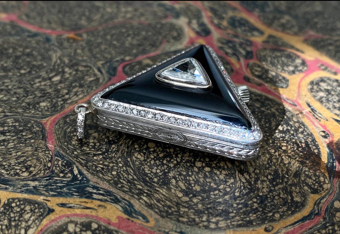 Trillion Cut Art Deco Platinum, Diamond and Onyx Pendant Watch by Dreicer and Co. For Sale