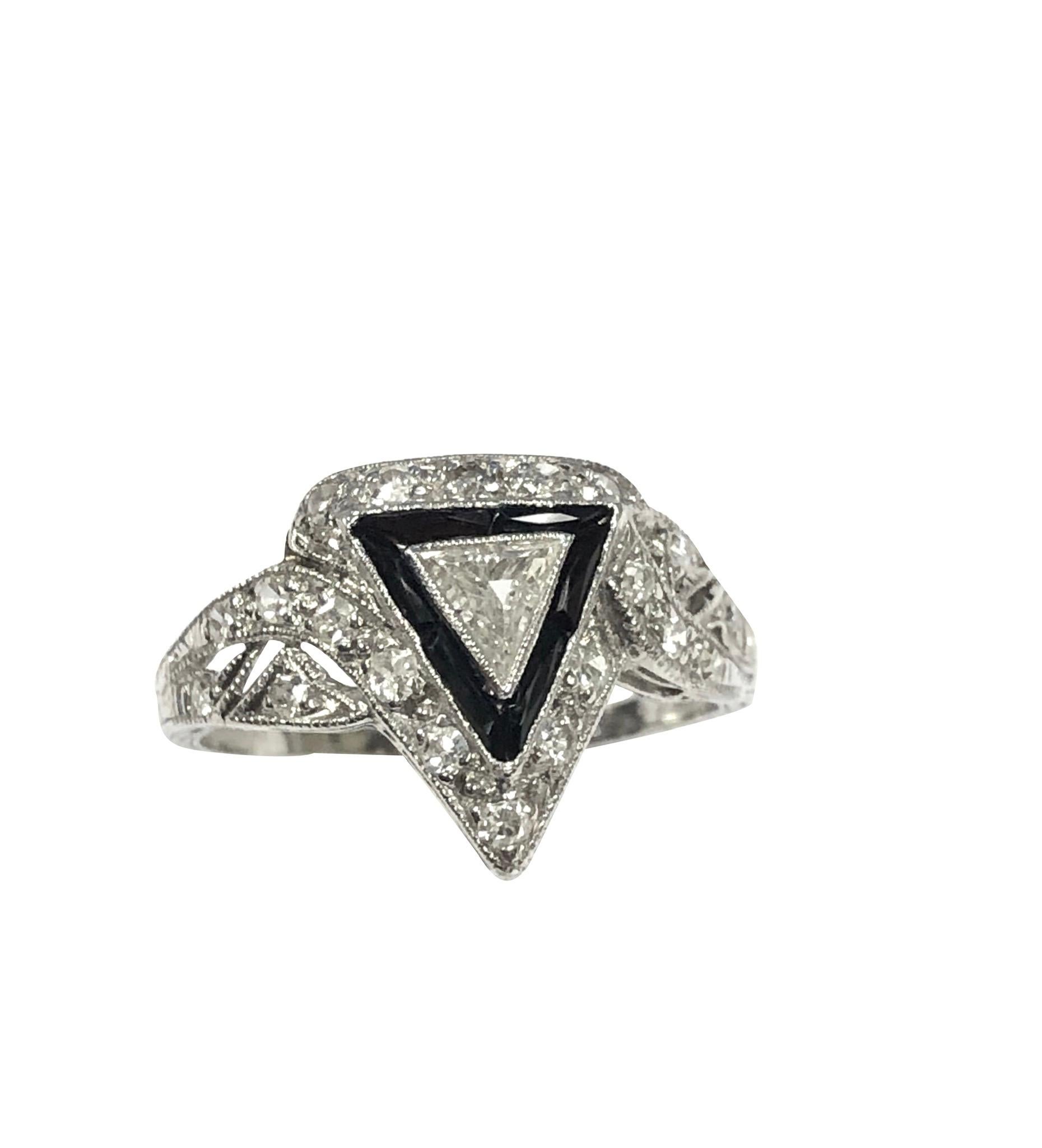 Women's Art Deco Platinum Diamond and Onyx Ring