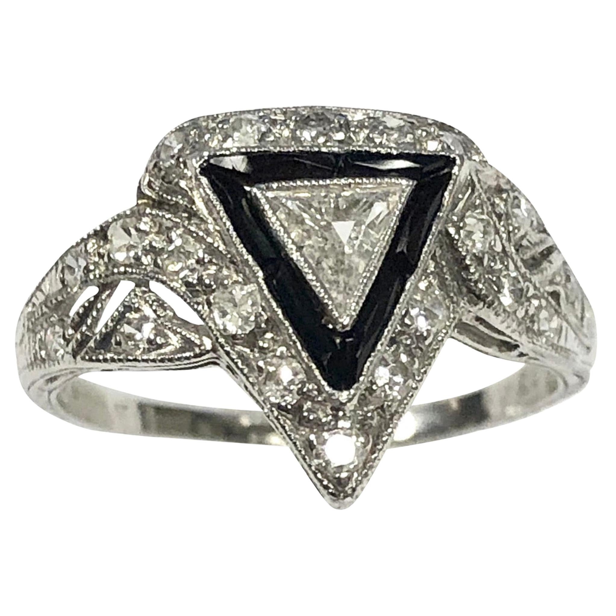 Art Deco Platinum Diamond and Onyx Ring