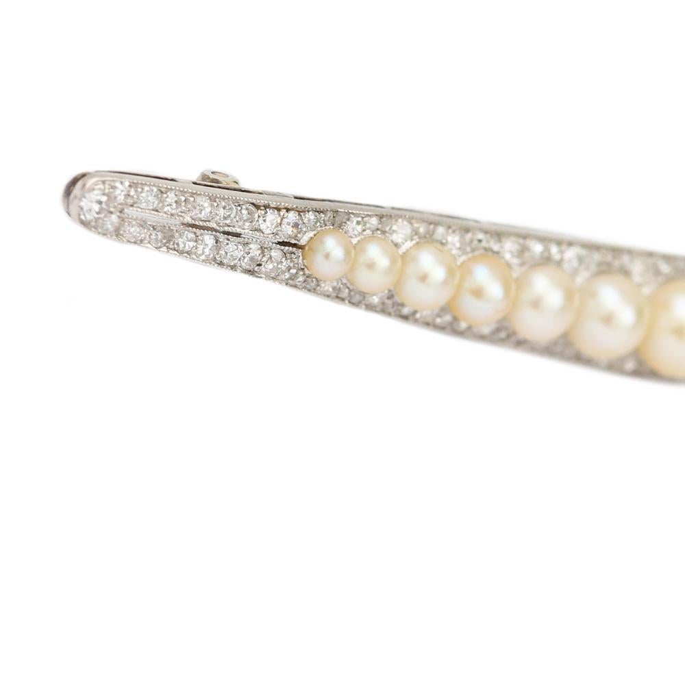 Art Deco Platinum 1.30ct Diamond and Pearl Bar Brooch, circa 1930 In Good Condition In Lancashire, Oldham
