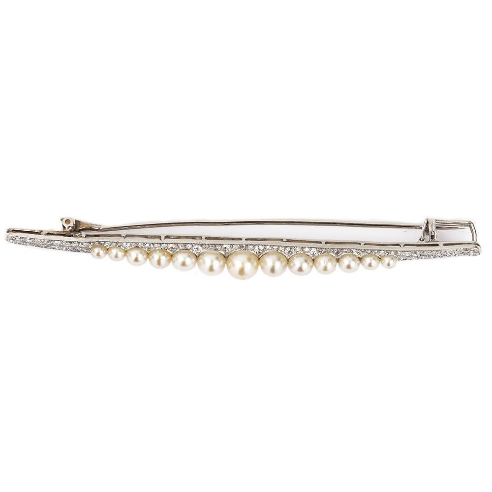 Art Deco Platinum 1.30ct Diamond and Pearl Bar Brooch, circa 1930 2