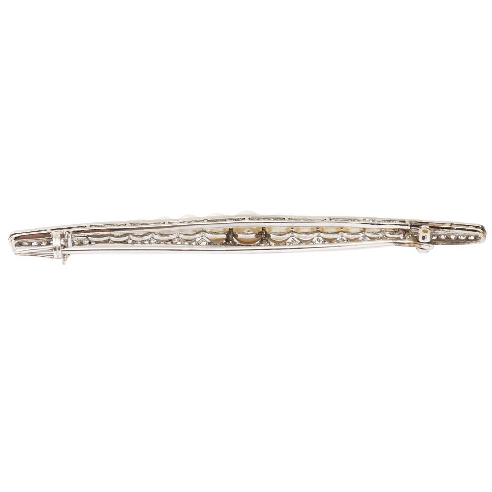 Art Deco Platinum 1.30ct Diamond and Pearl Bar Brooch, circa 1930 3