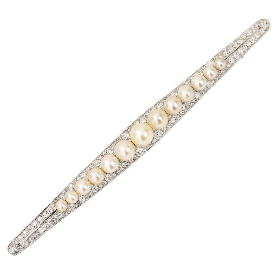 Art Deco Platinum 1.30ct Diamond and Pearl Bar Brooch, circa 1930