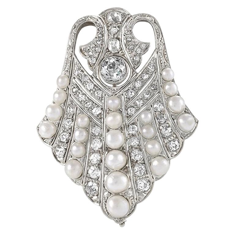 Art Deco Platinum, Diamond and Pearl Brooch For Sale at 1stDibs