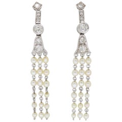 Art Deco Platinum Diamond and Pearl Drop Earrings