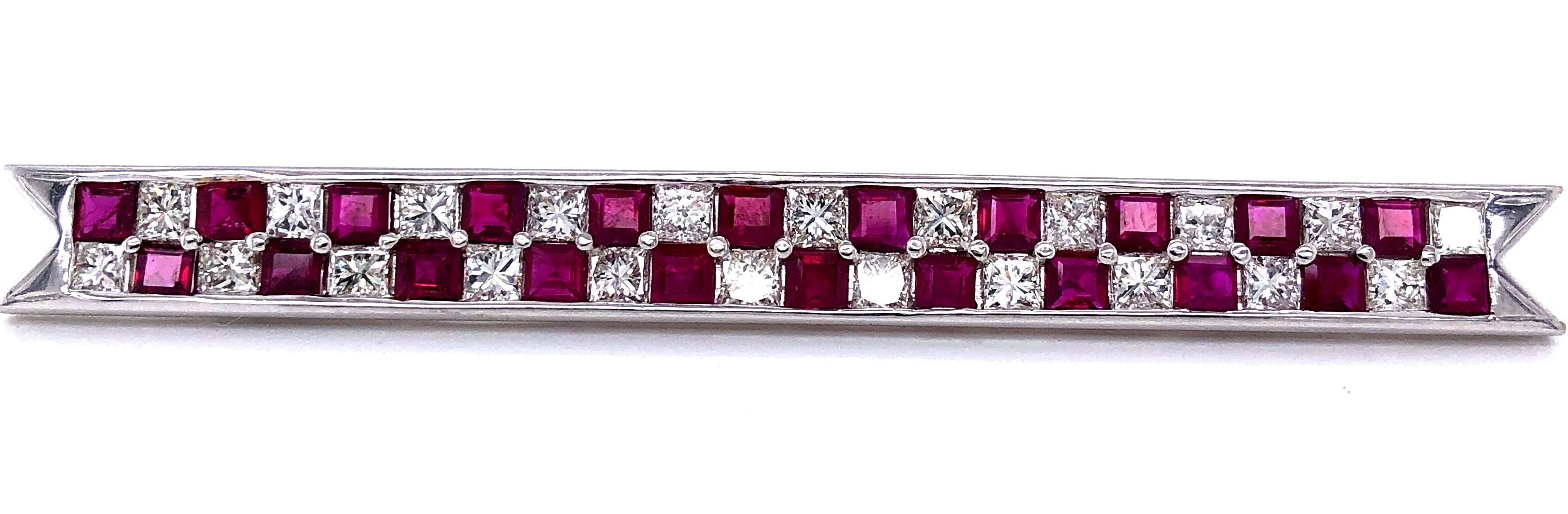 Princess Cut Art Deco Platinum Diamond and Ruby Bar Pin