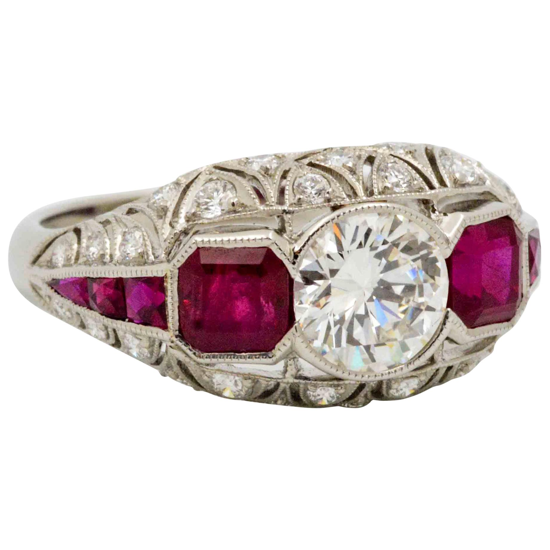 Art Deco Style Platinum Diamond and Ruby Engagement Ring