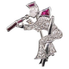 Antique Art Deco Platinum Diamond and Ruby Explorer Pin