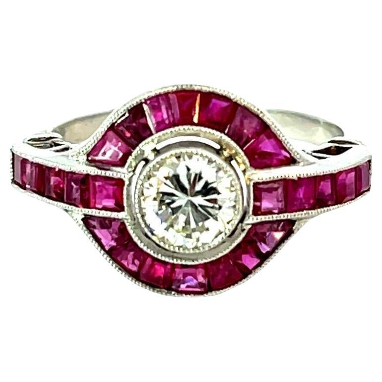 Bague Art déco en platine avec diamants et rubis