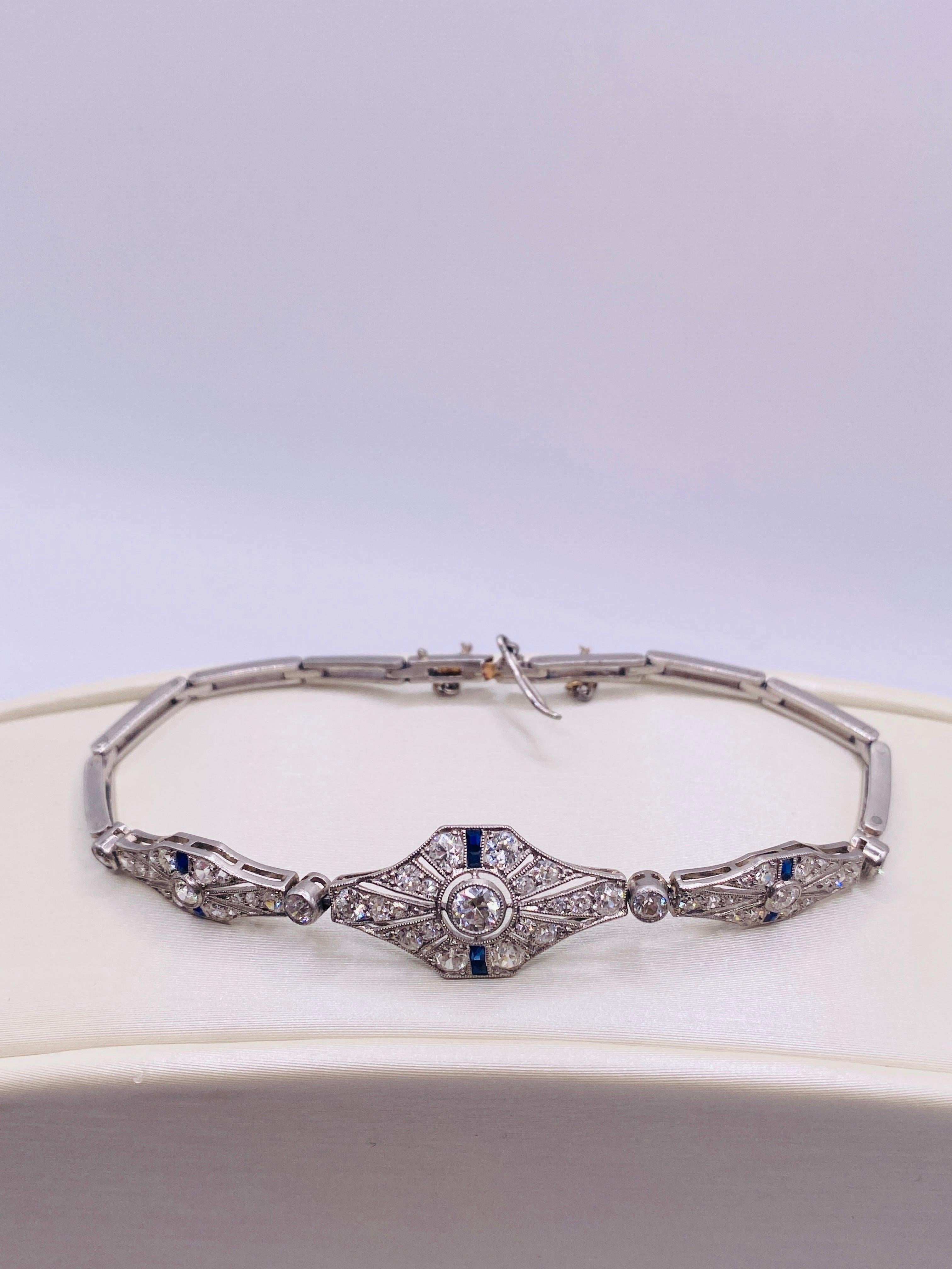 Old European Cut Art Deco .25 Carat Diamond and Sapphire Platinum Bracelet For Sale