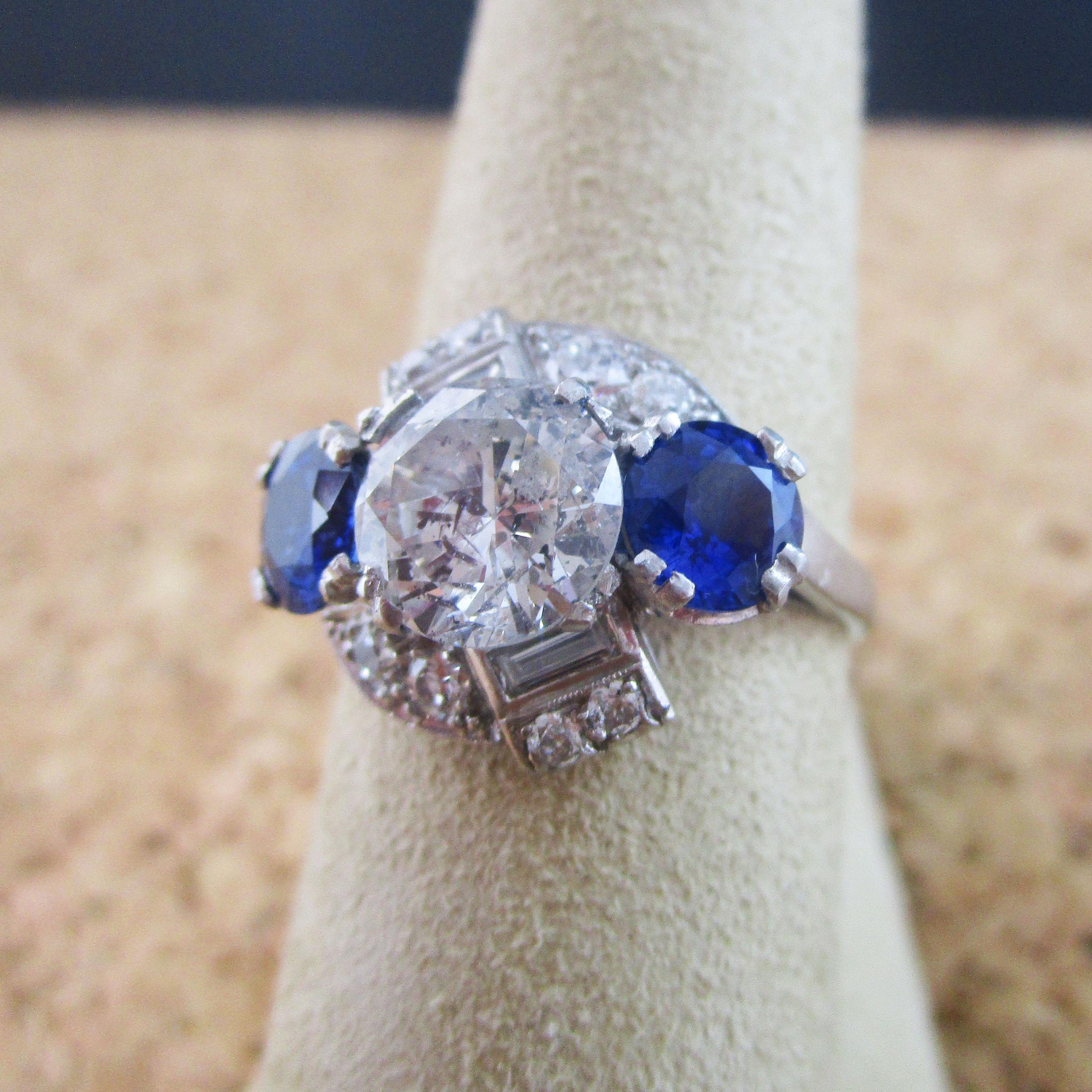 Round Cut Art Deco Platinum Diamond and Sapphire Engagement Dinner Ring