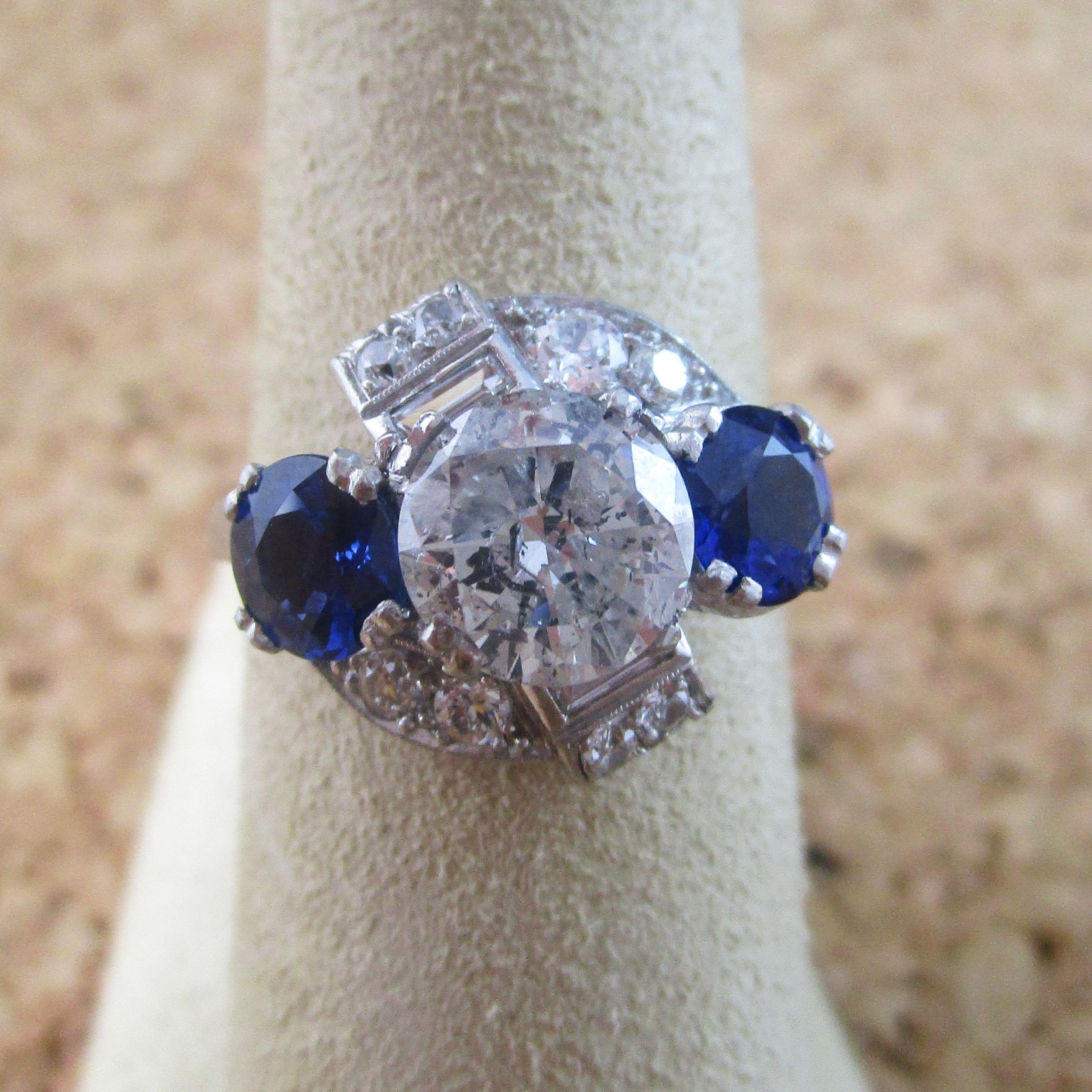 Art Deco Platinum Diamond and Sapphire Engagement Dinner Ring In Excellent Condition In Lexington, KY