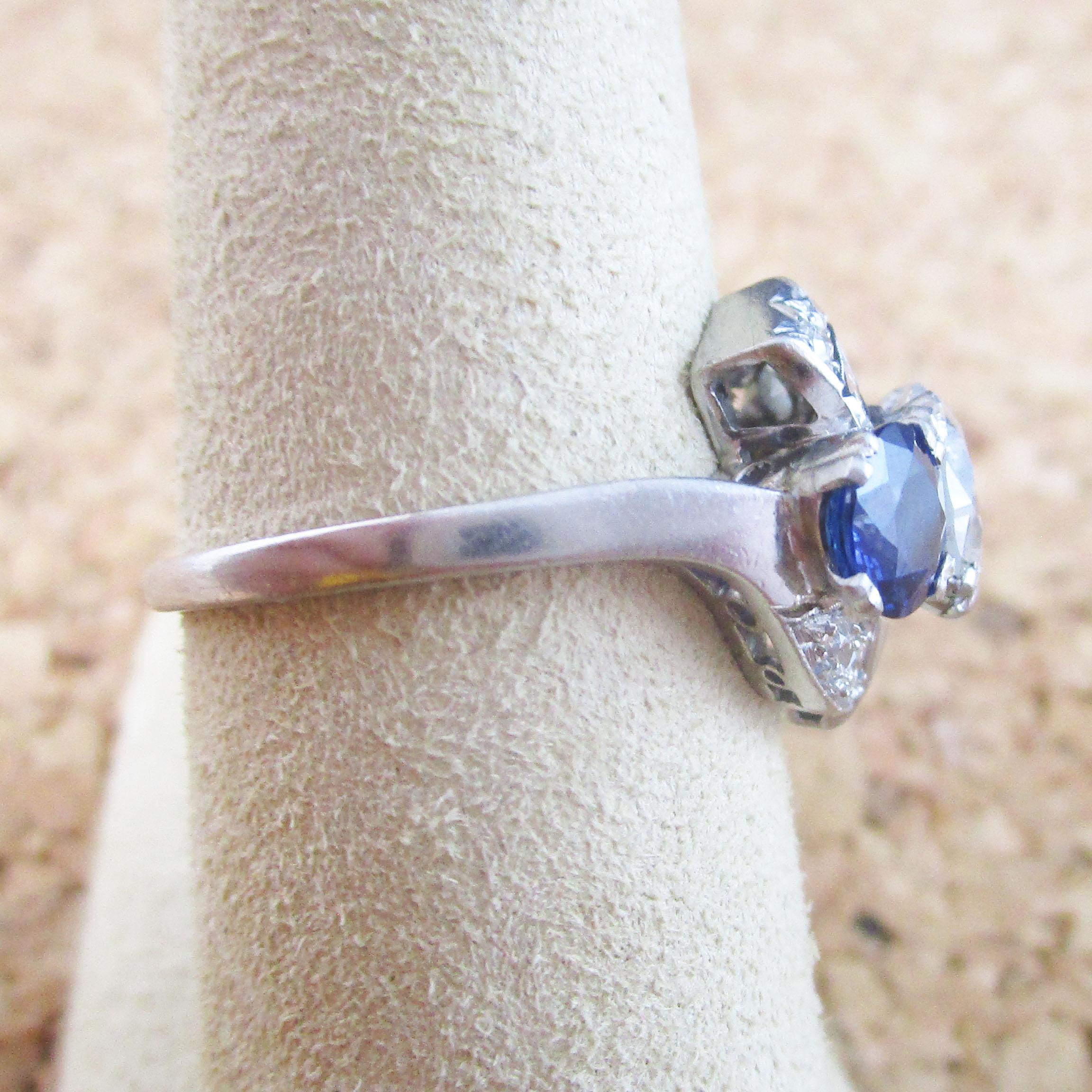 Women's Art Deco Platinum Diamond and Sapphire Engagement Dinner Ring
