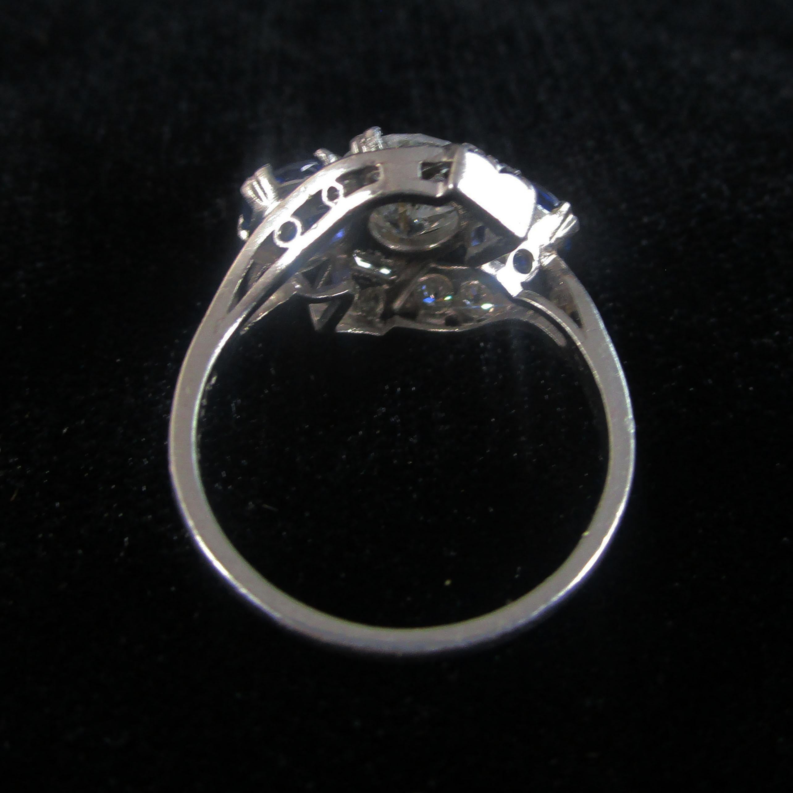 Art Deco Platinum Diamond and Sapphire Engagement Dinner Ring 1