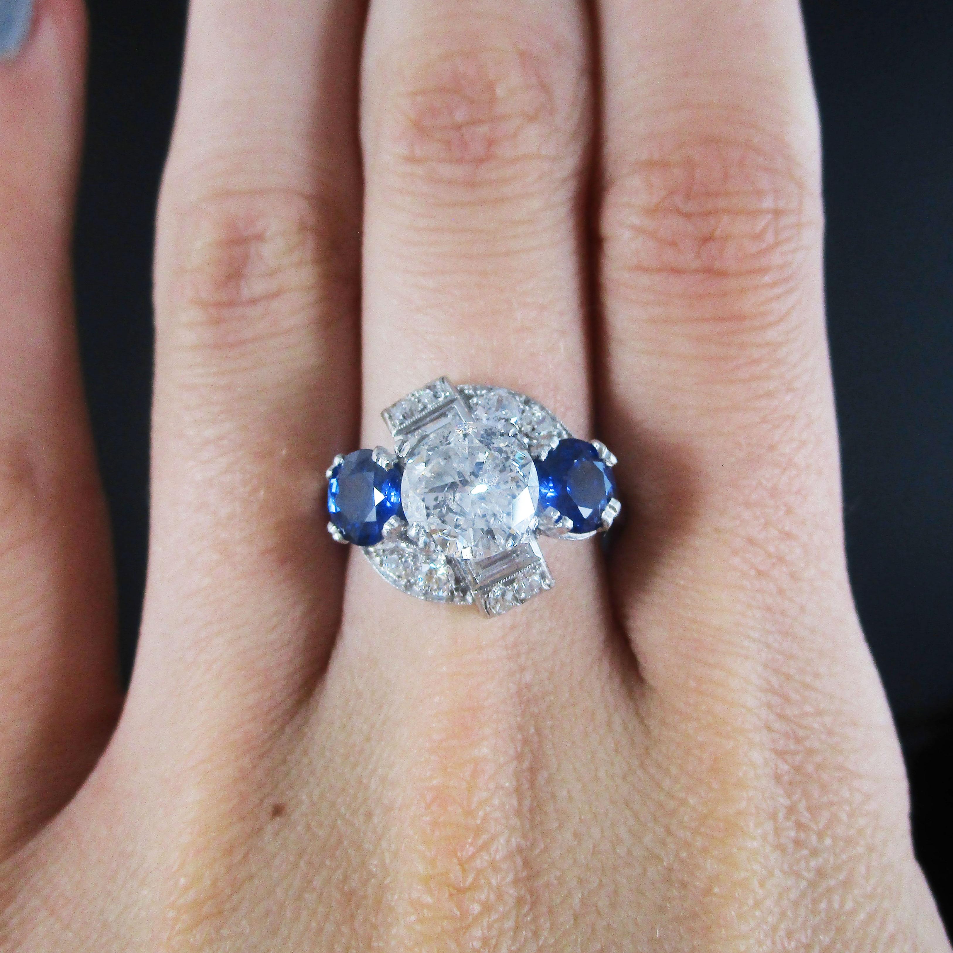 Art Deco Platinum Diamond and Sapphire Engagement Dinner Ring 3