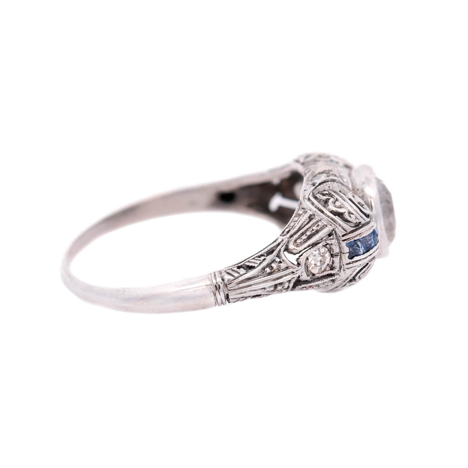 Old European Cut Art Deco Platinum Diamond and Sapphire Engagement Ring 1.03ct For Sale