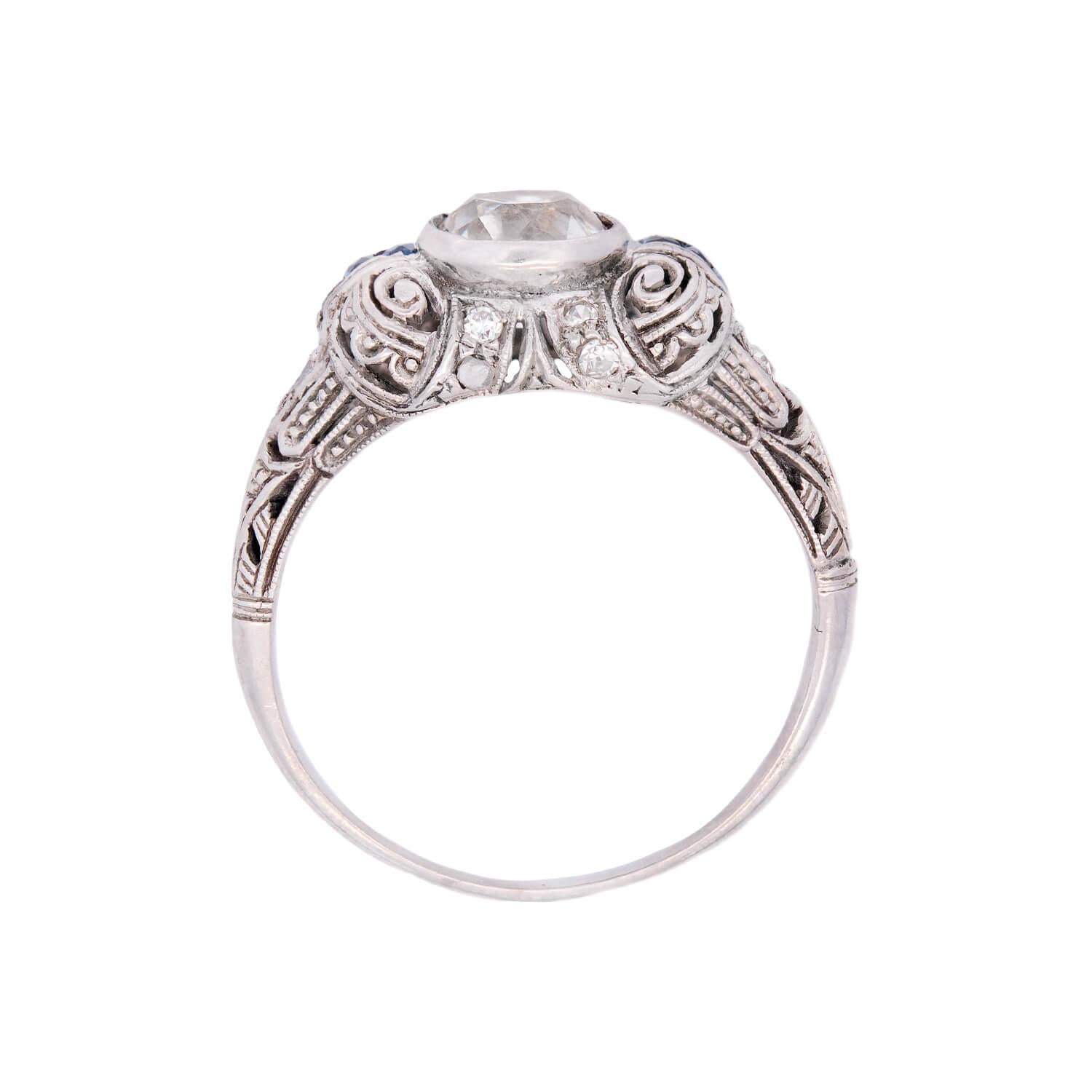 Art Deco Platinum Diamond and Sapphire Engagement Ring 1.03ct In Good Condition For Sale In Narberth, PA