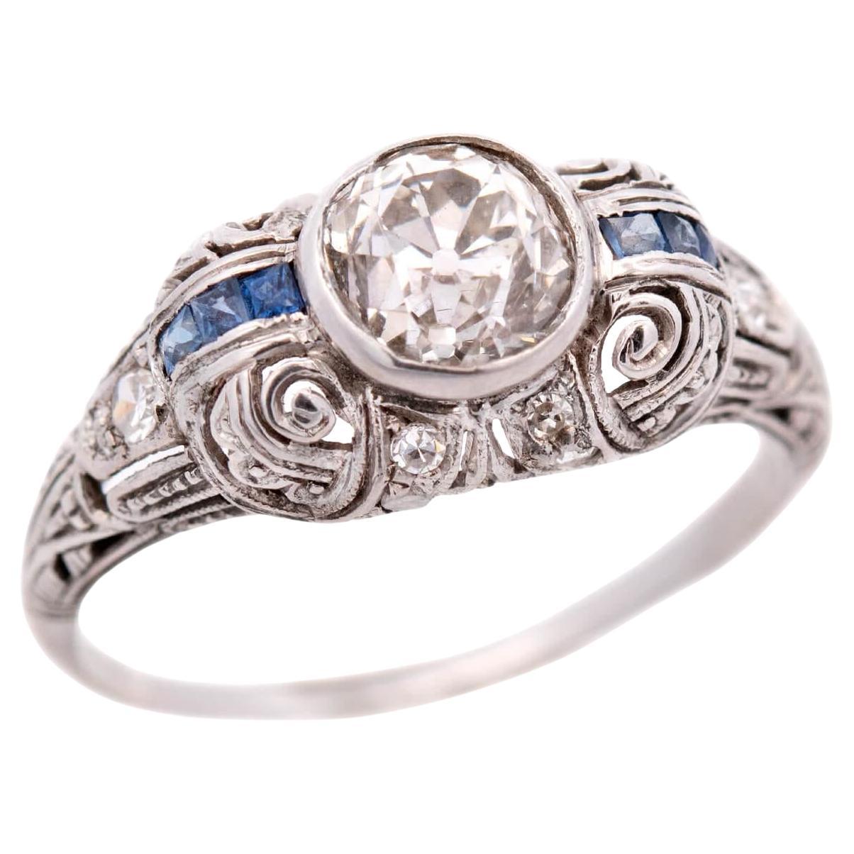 Art Deco Platinum Diamond and Sapphire Engagement Ring 1.03ct For Sale
