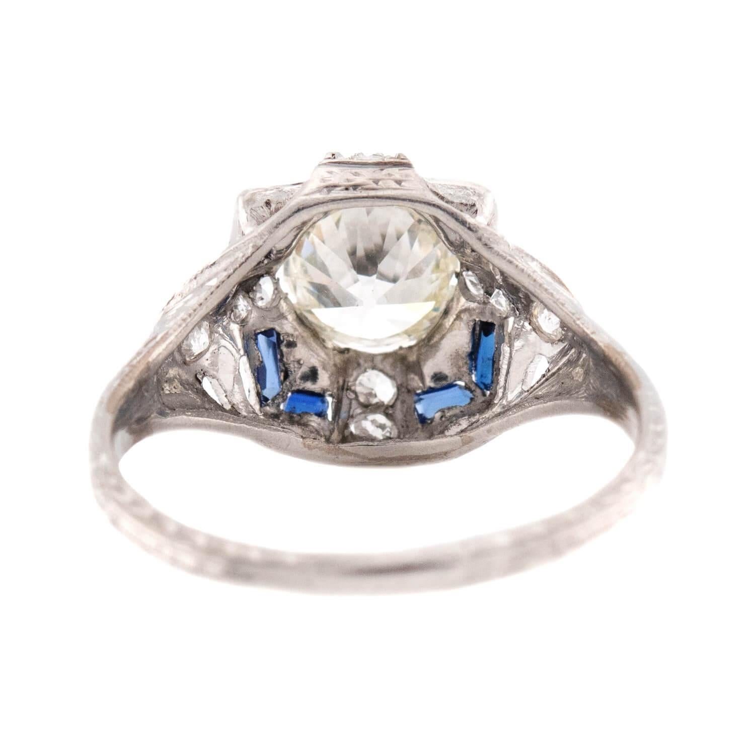 Art Deco Platinum Diamond and Sapphire Engagement Ring 1.62ct In Good Condition In Narberth, PA