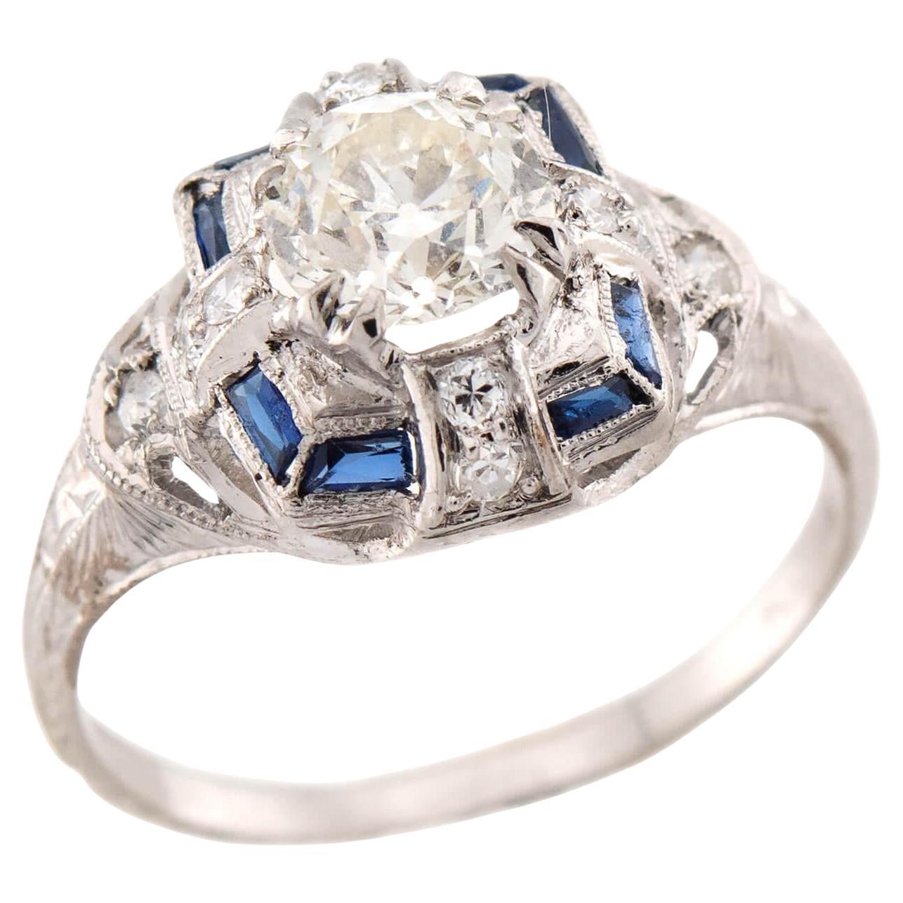 Art Deco Platinum Diamond and Sapphire Engagement Ring 1.62ct