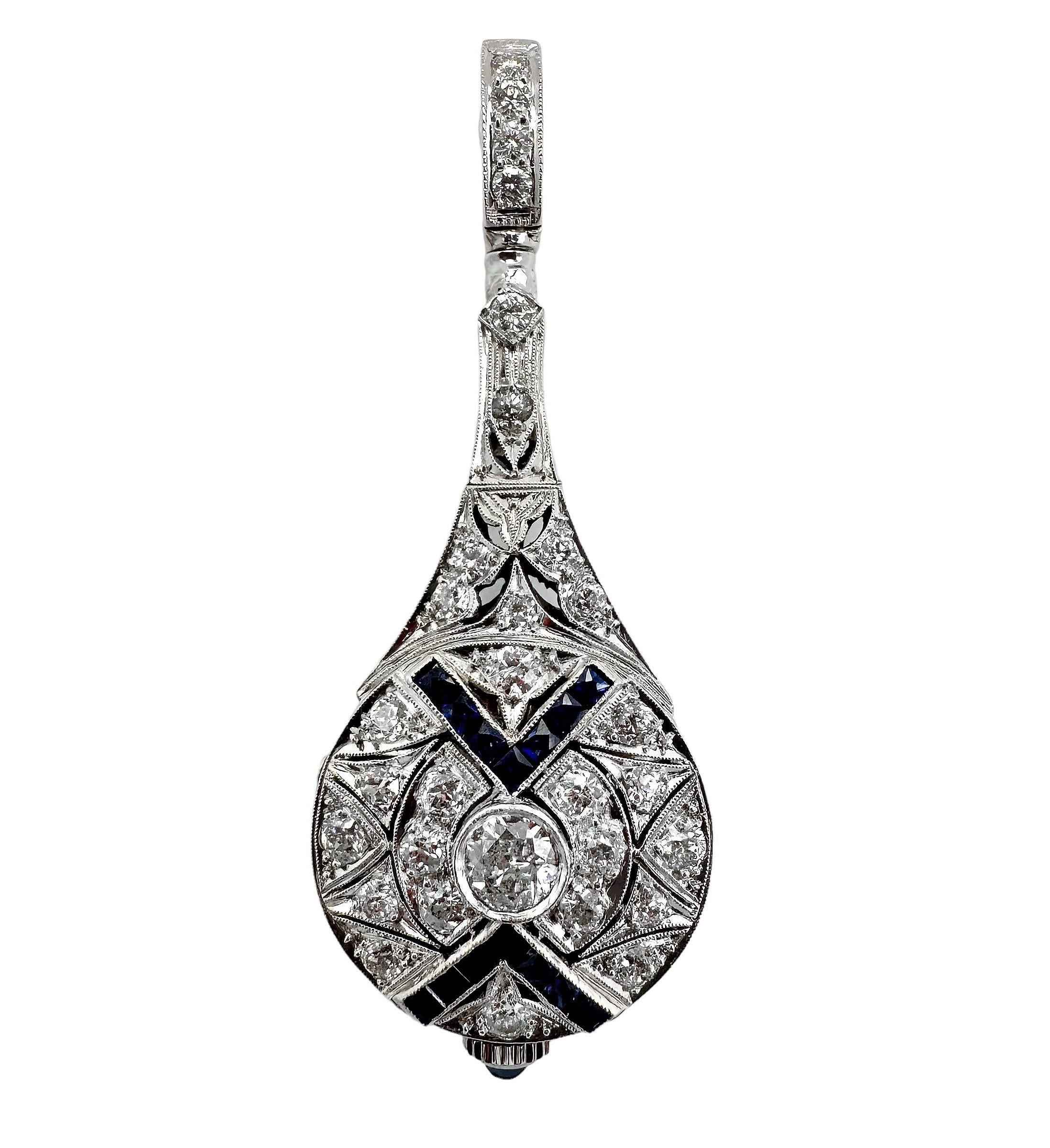 Lavalier-Anhänger-Uhr aus Platin, Diamant und Saphir im Art déco-Stil (Alteuropäischer Schliff)