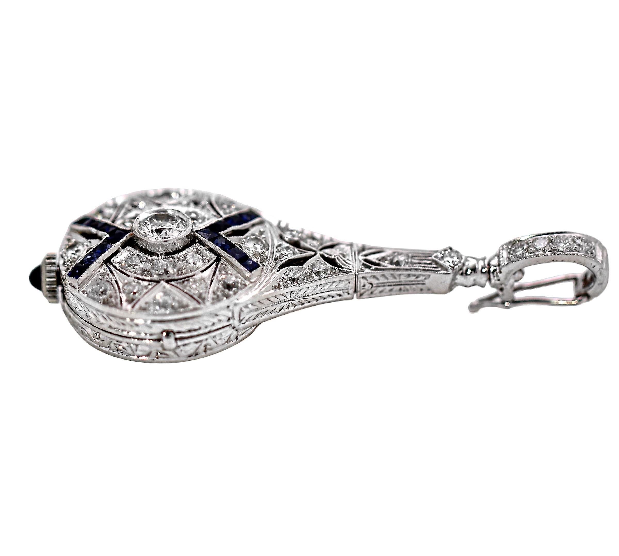 Lavalier-Anhänger-Uhr aus Platin, Diamant und Saphir im Art déco-Stil Damen