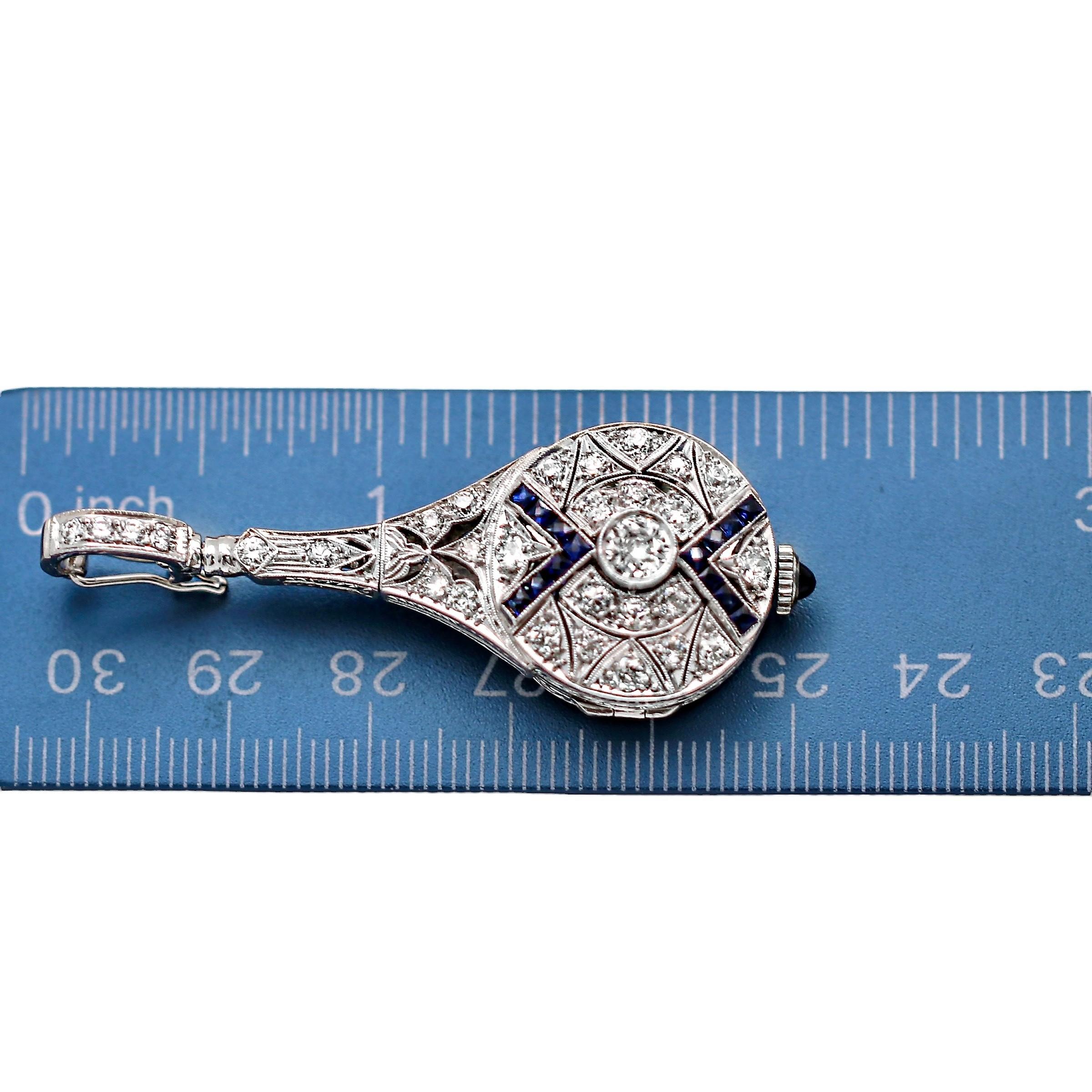 Lavalier-Anhänger-Uhr aus Platin, Diamant und Saphir im Art déco-Stil 1
