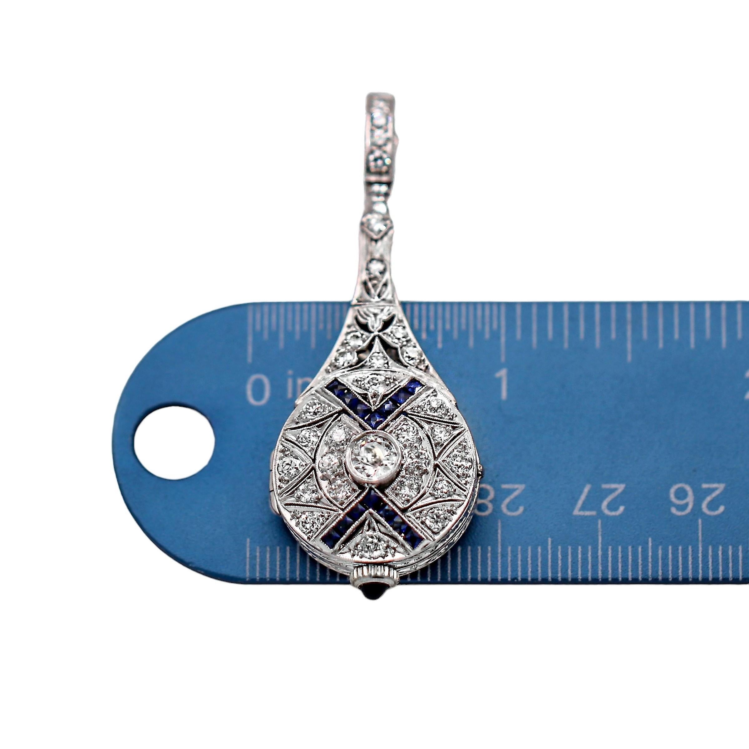 Lavalier-Anhänger-Uhr aus Platin, Diamant und Saphir im Art déco-Stil 2