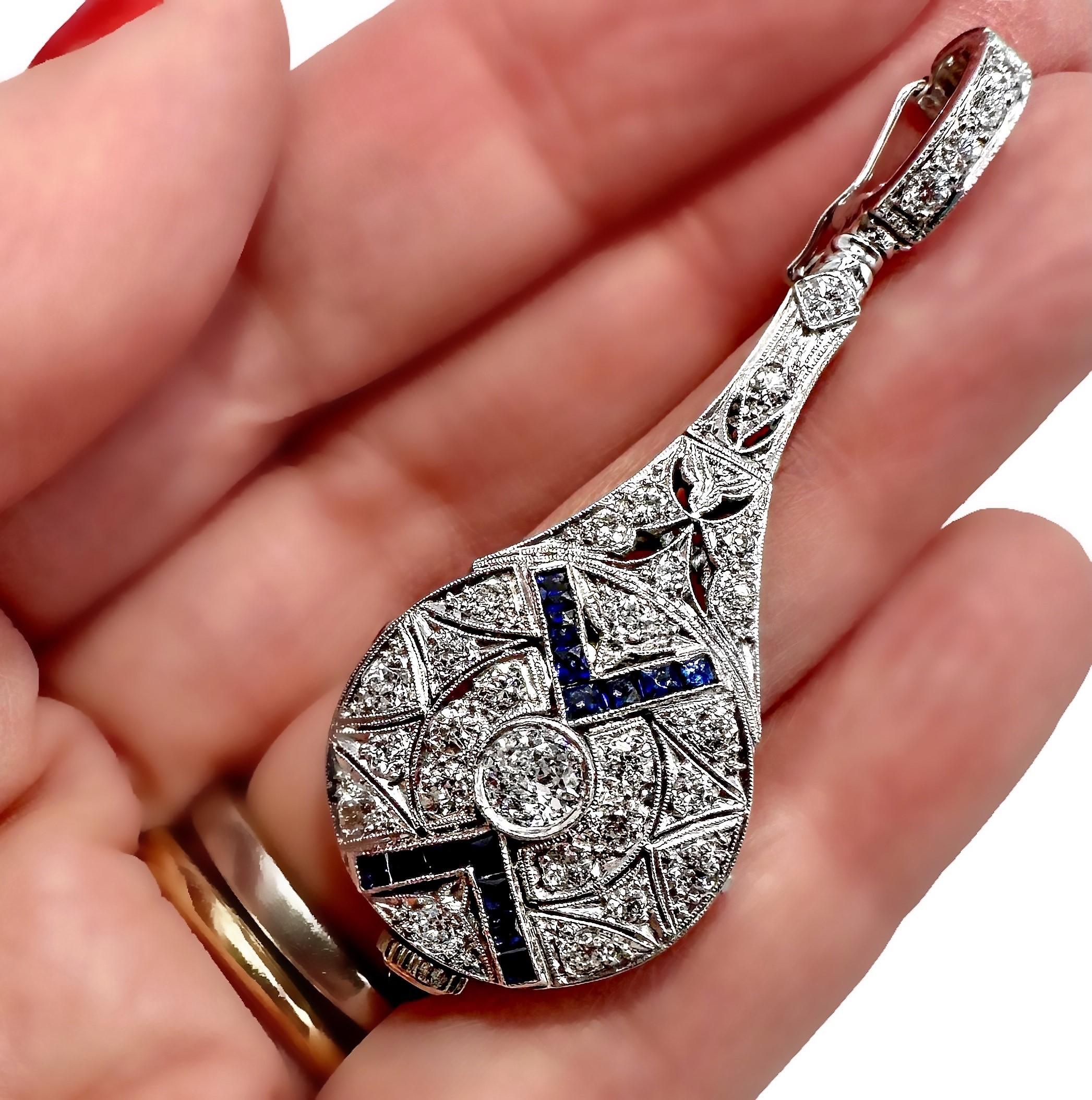 Lavalier-Anhänger-Uhr aus Platin, Diamant und Saphir im Art déco-Stil 3