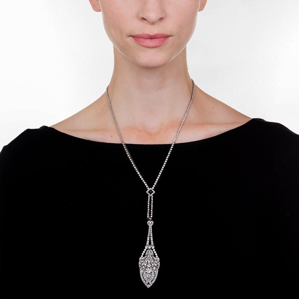 Art Deco Platinum, Diamond and Sapphire Lavaliere Necklace For Sale 2