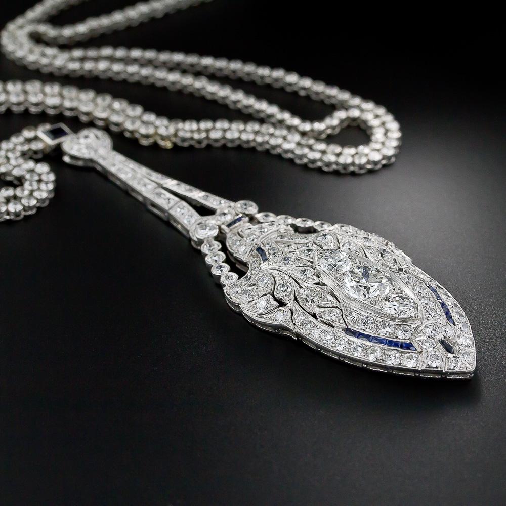 Lavaliere-Halskette aus Platin, Diamant und Saphir im Art-déco-Stil im Zustand „Hervorragend“ im Angebot in San Francisco, CA